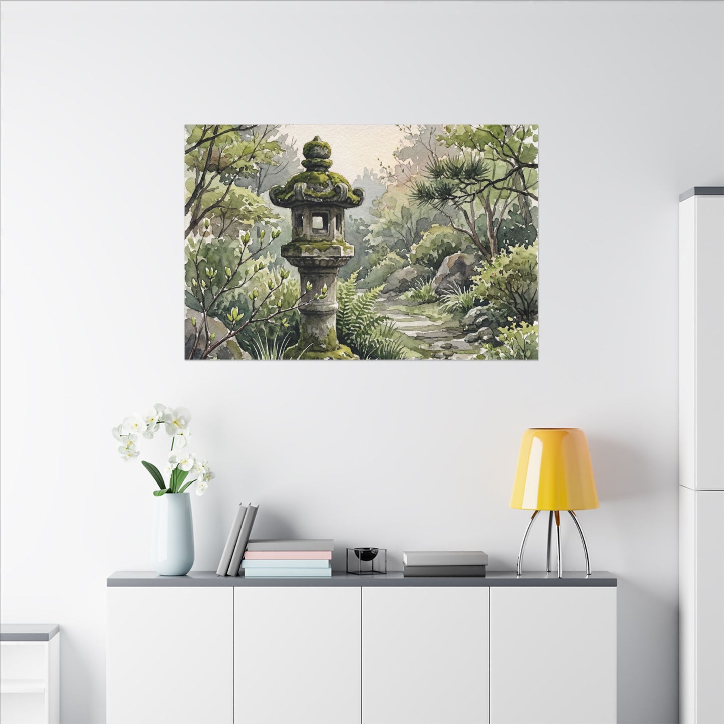 Neutral Stone Lantern Canvas Art - Watercolor Japandi