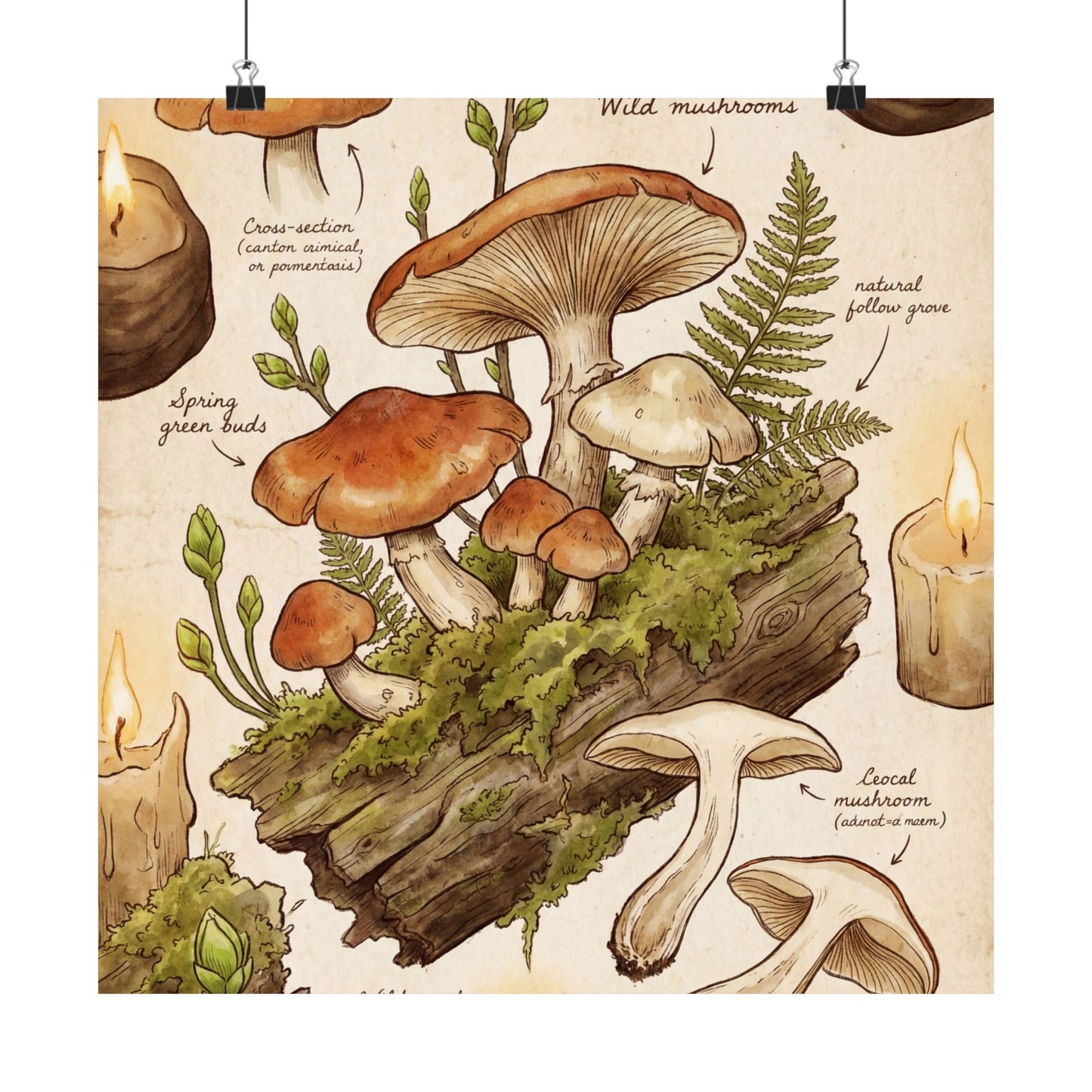 Spring Wild Mushrooms Forest Whimsy Wall Art Print | Rustic Decor