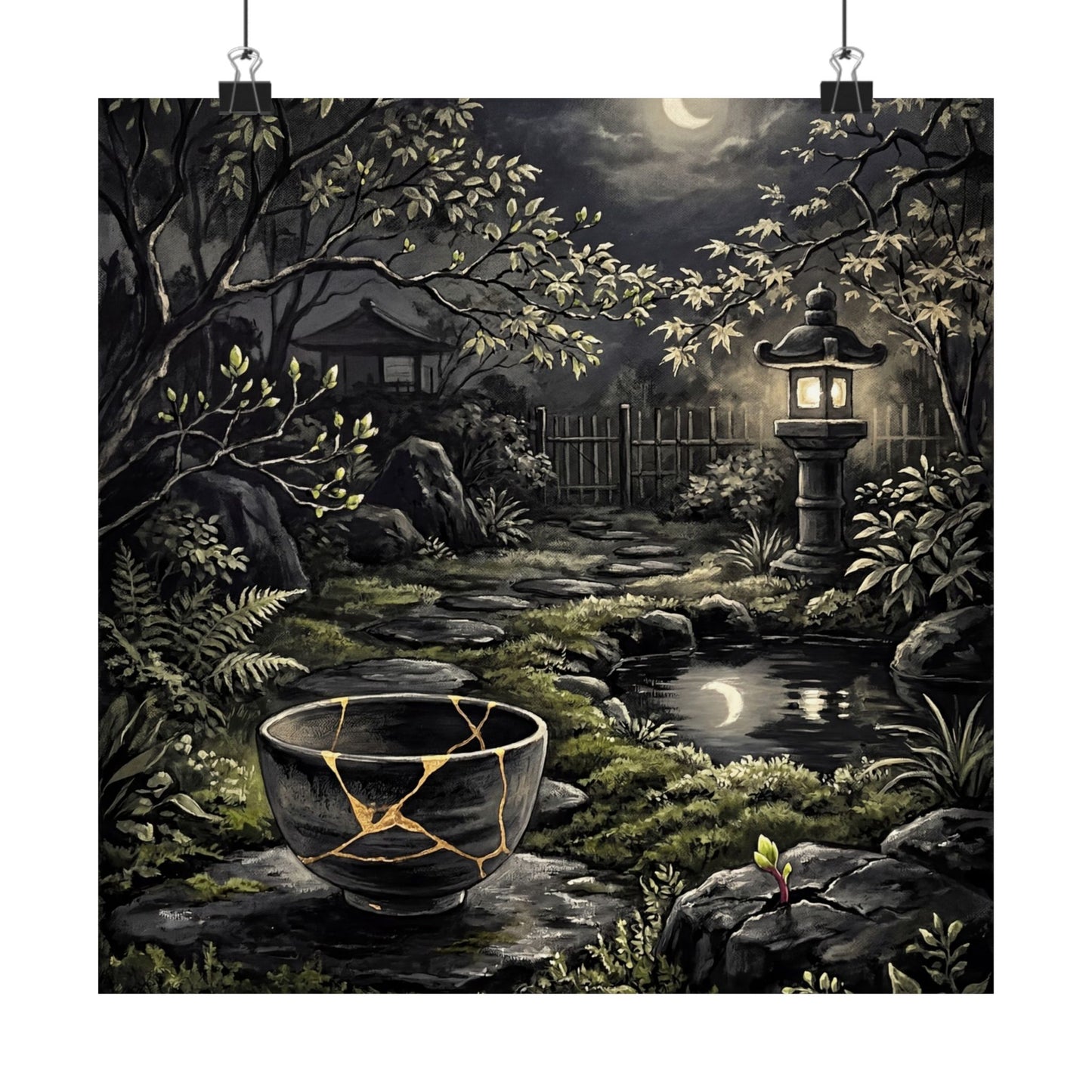 Kintsugi Moonlit Garden in Dappled | Gold Repair Wall Art Print Art Print