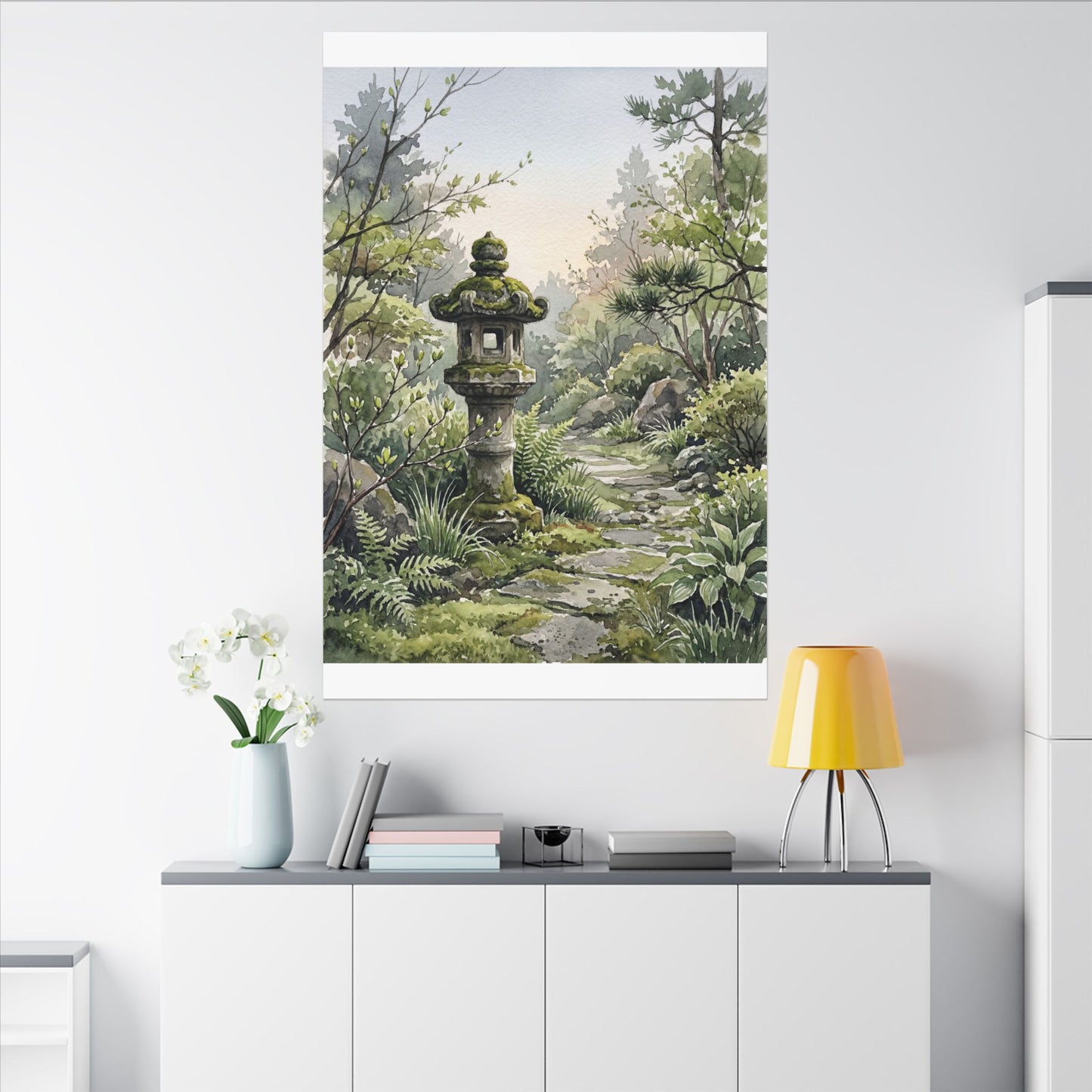 Neutral Stone Lantern Canvas Art - Watercolor Japandi