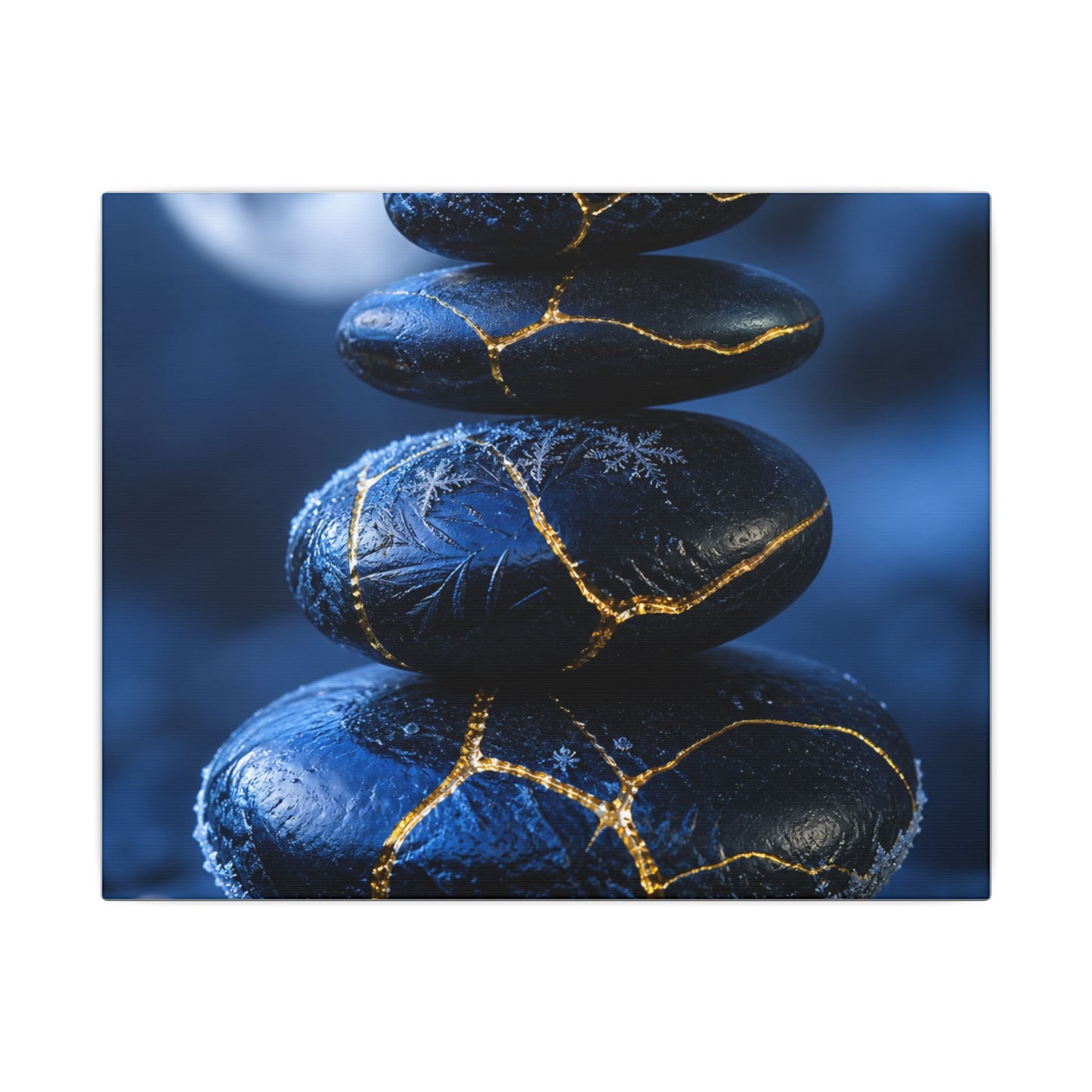 River Stones Canvas Art | Winter Kintsugi Gold Repair Art