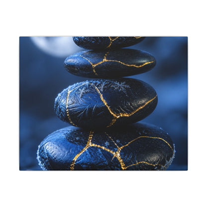 River Stones Canvas Art | Winter Kintsugi Gold Repair Art