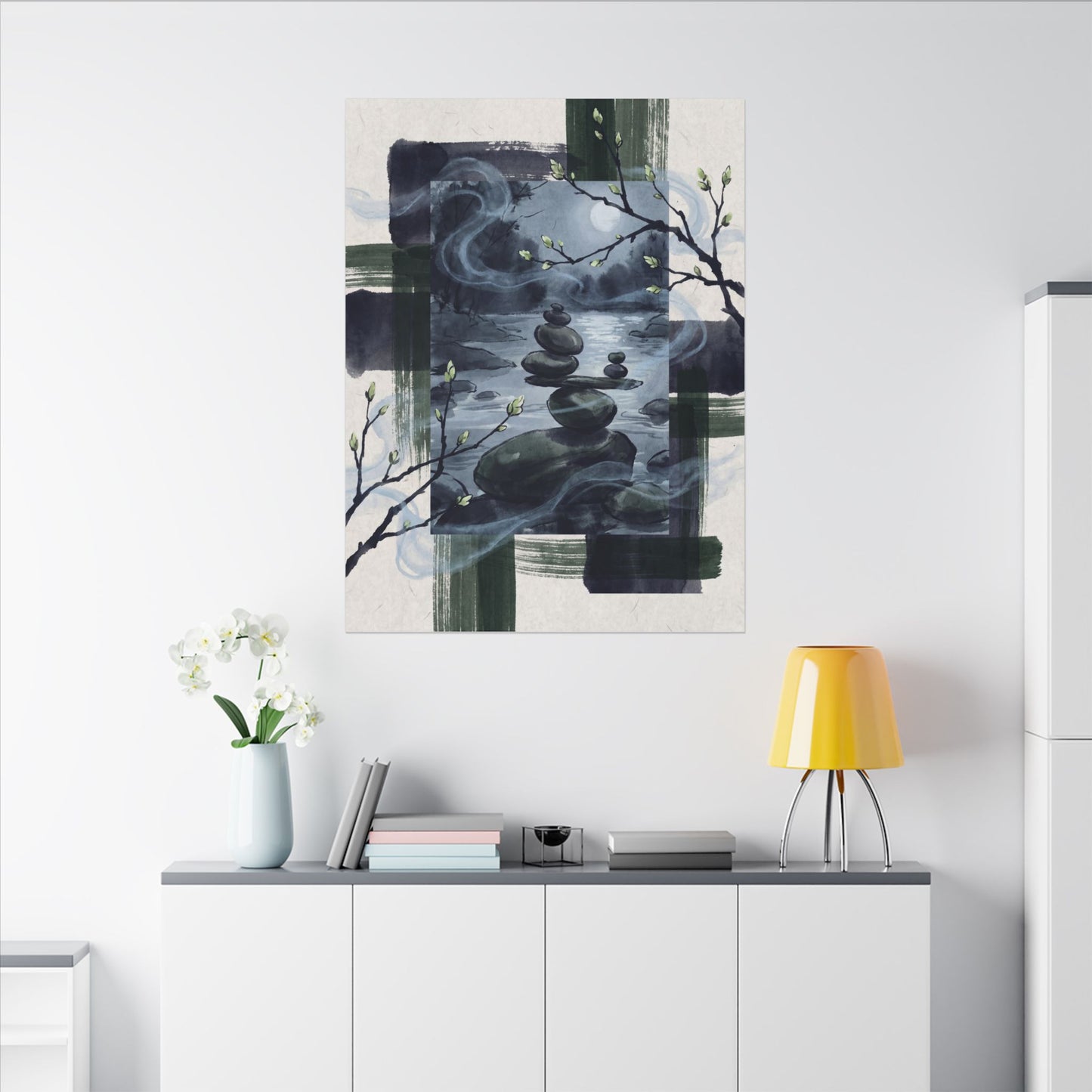 Moonlight River Stones Canvas Art - Zen Shibui