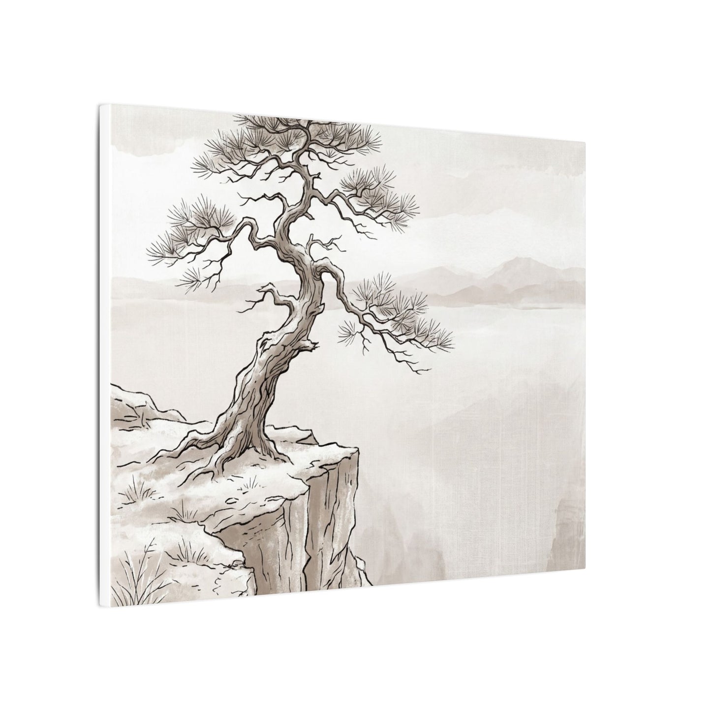 Neutral Pine Tree Canvas Art - Minimal Line Japandi