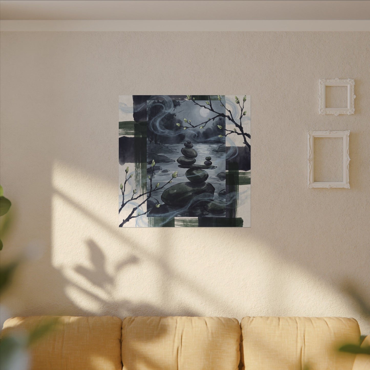 Moonlight River Stones Canvas Art - Zen Shibui