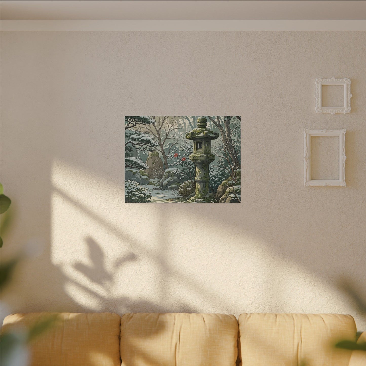 Stone Lantern Winter Canvas Art | Japandi Warm Design