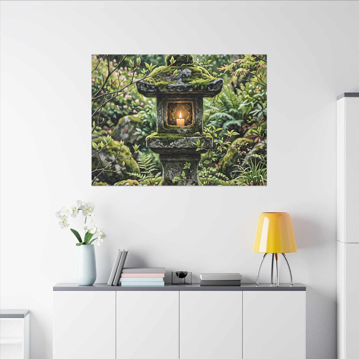Neutral Stone Lantern Canvas Art - Japanese Pattern Japandi