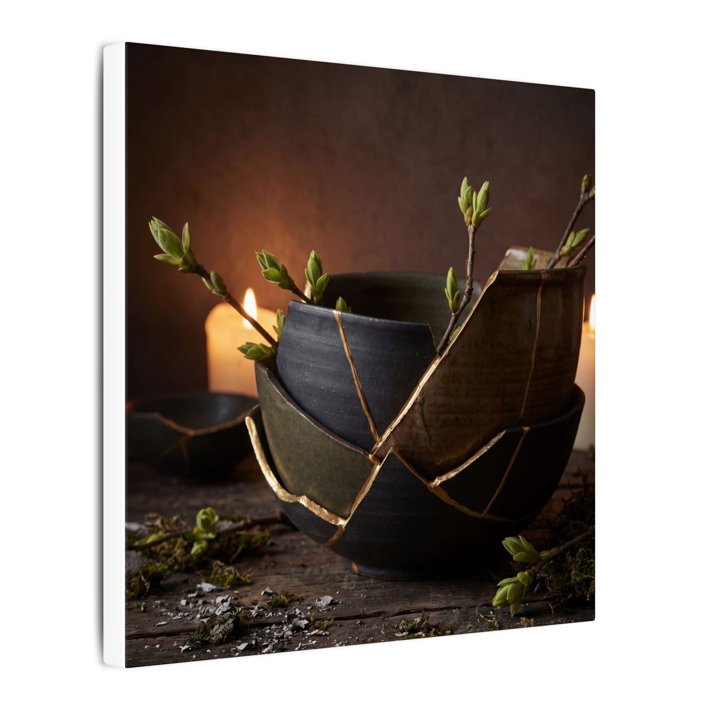 Broken Pottery Spring Canvas Art | Dark Japandi Luxurious Design