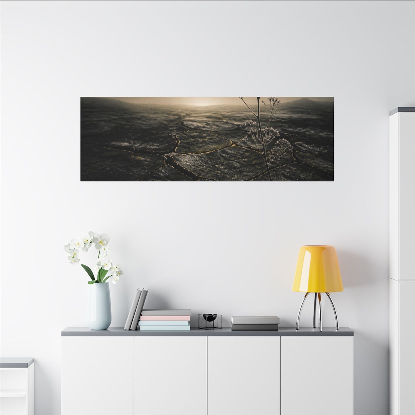 Dawn Cracked Earth Canvas Art - Dark Japandi Mono No Aware