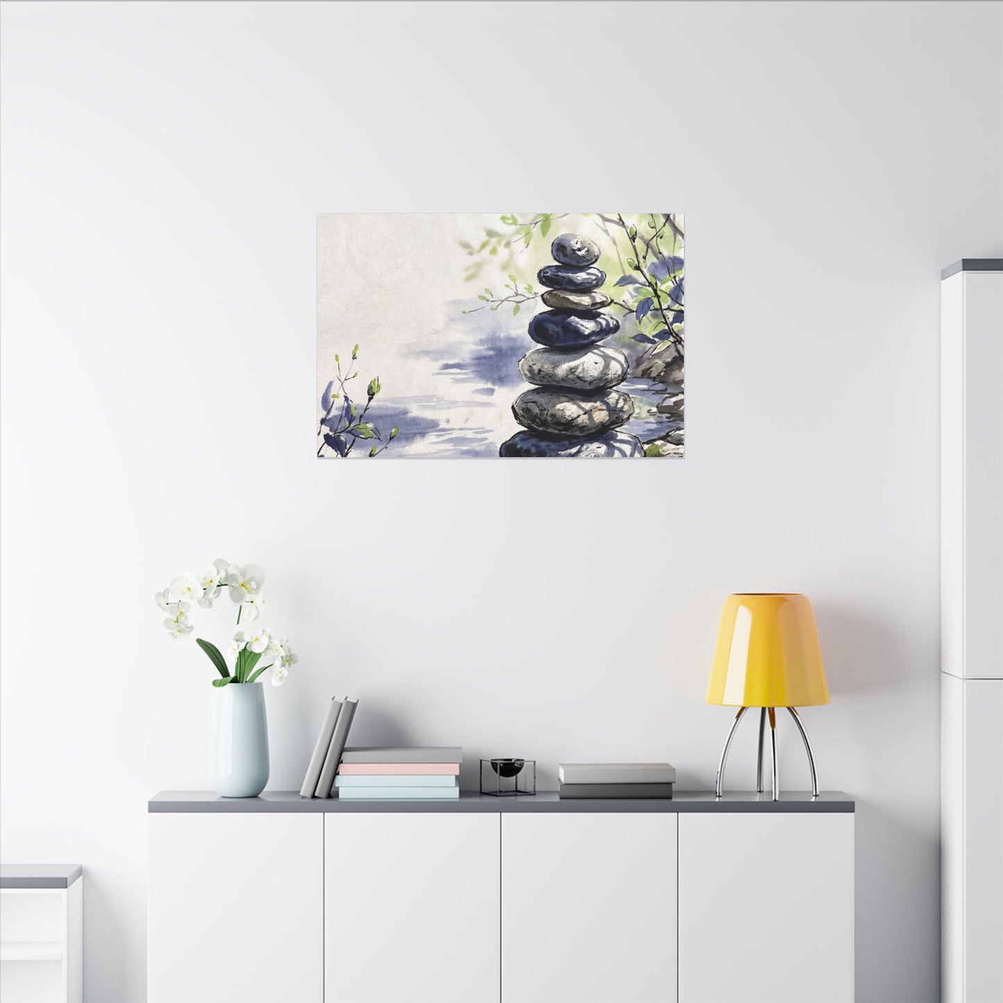 River Stones Sumi E Canvas Art | Serene Zen Art
