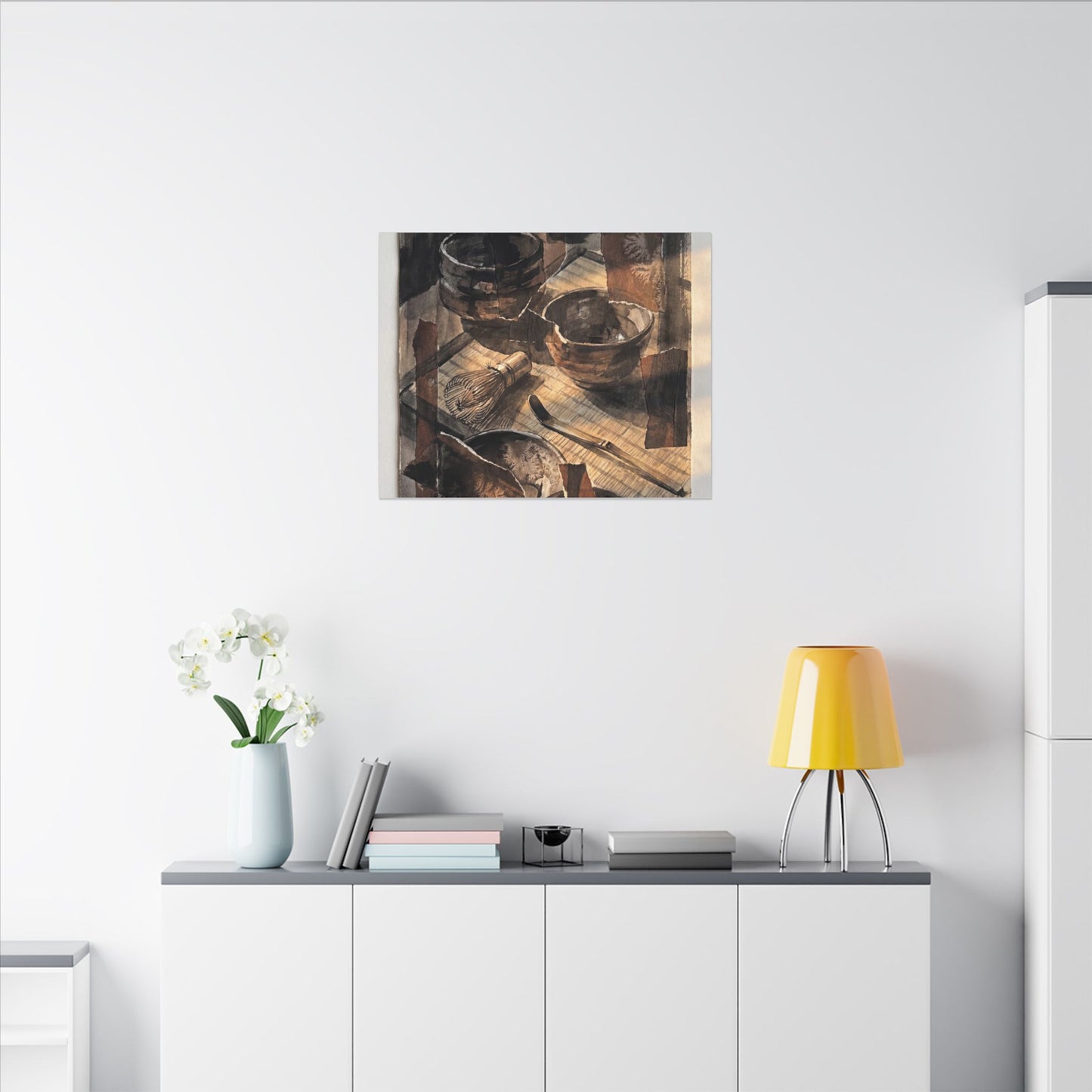 Tea Ceremony Charcoal Ink Canvas Art | Luxurious Dark Japandi Art