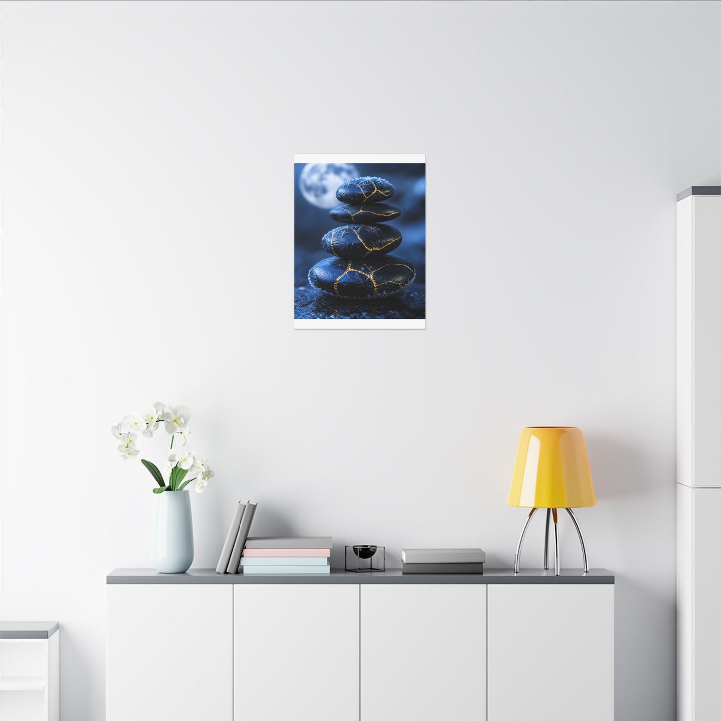 River Stones Canvas Art | Winter Kintsugi Gold Repair Art