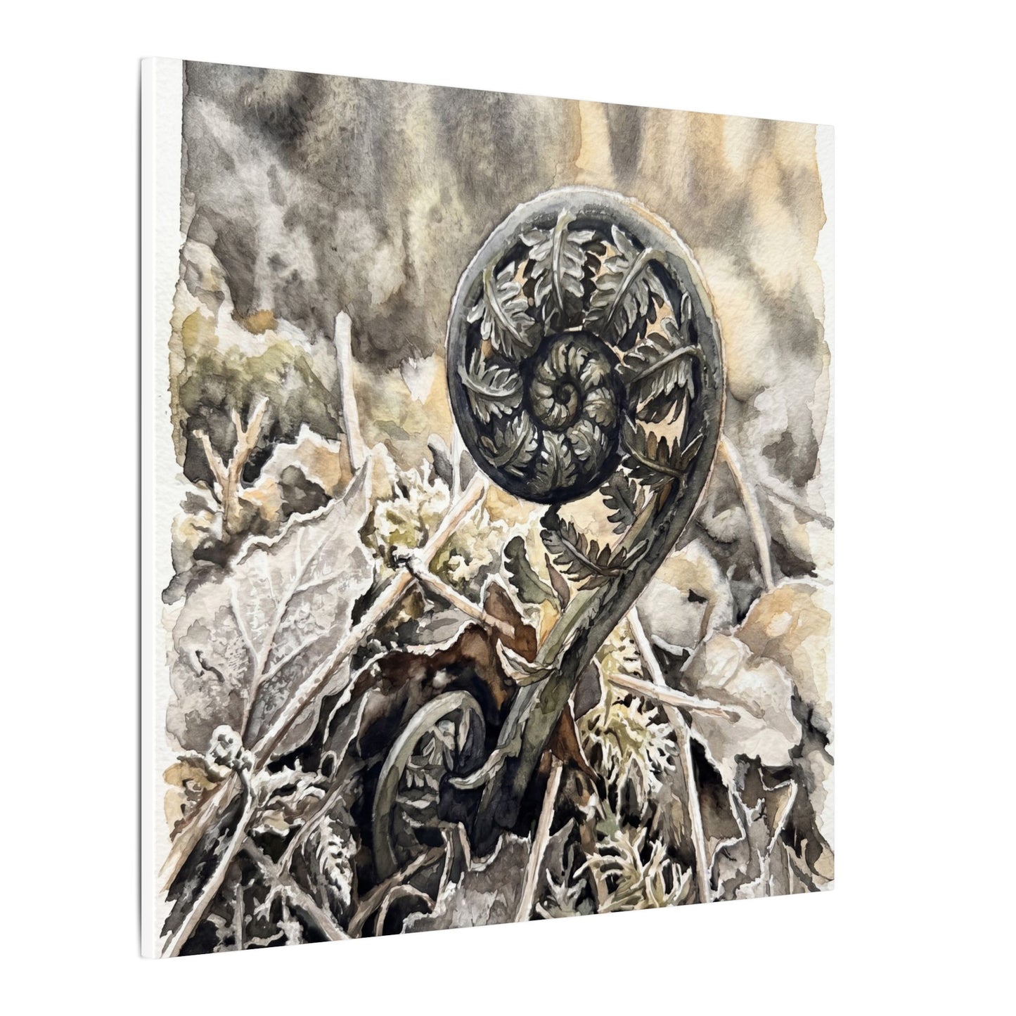 Japandi Fern Unfurling in Golden Hour | Watercolor Canvas Art