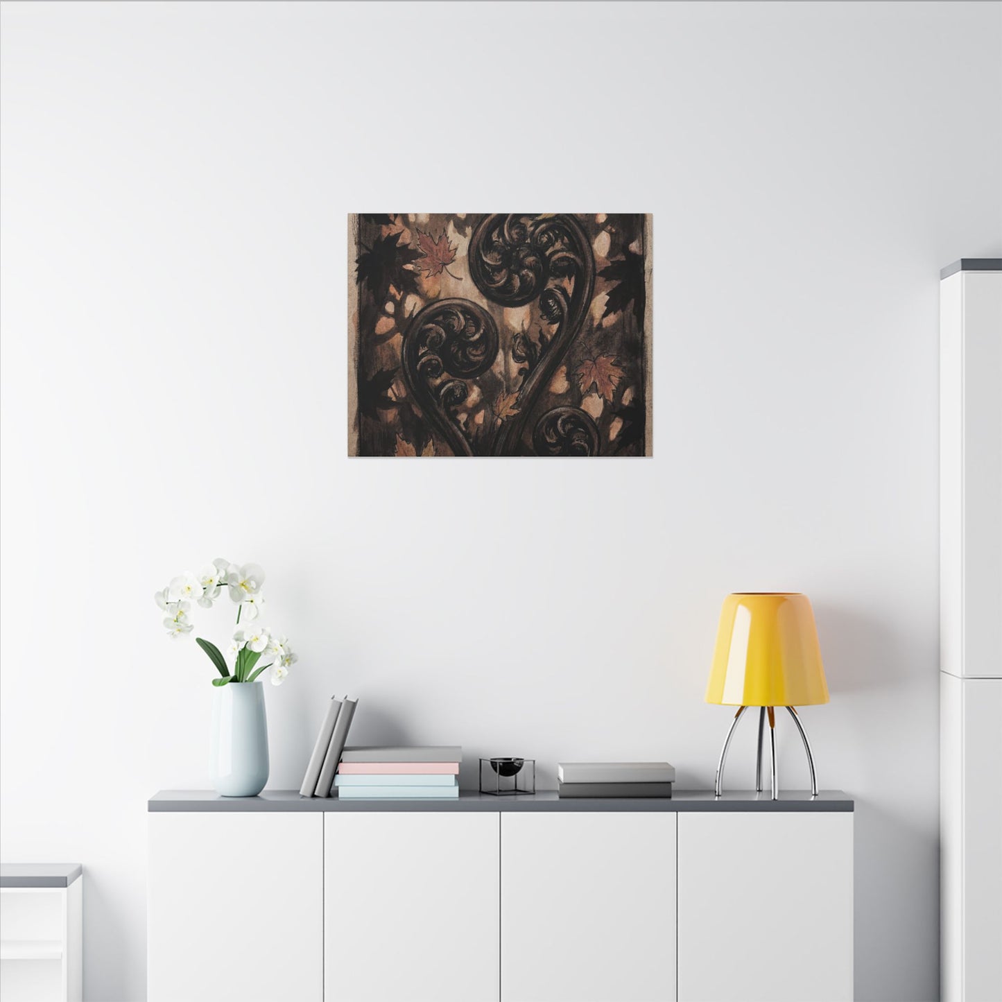 Mono No Aware Fern Unfurling Canvas Art - Dark Japandi Charcoal Ink