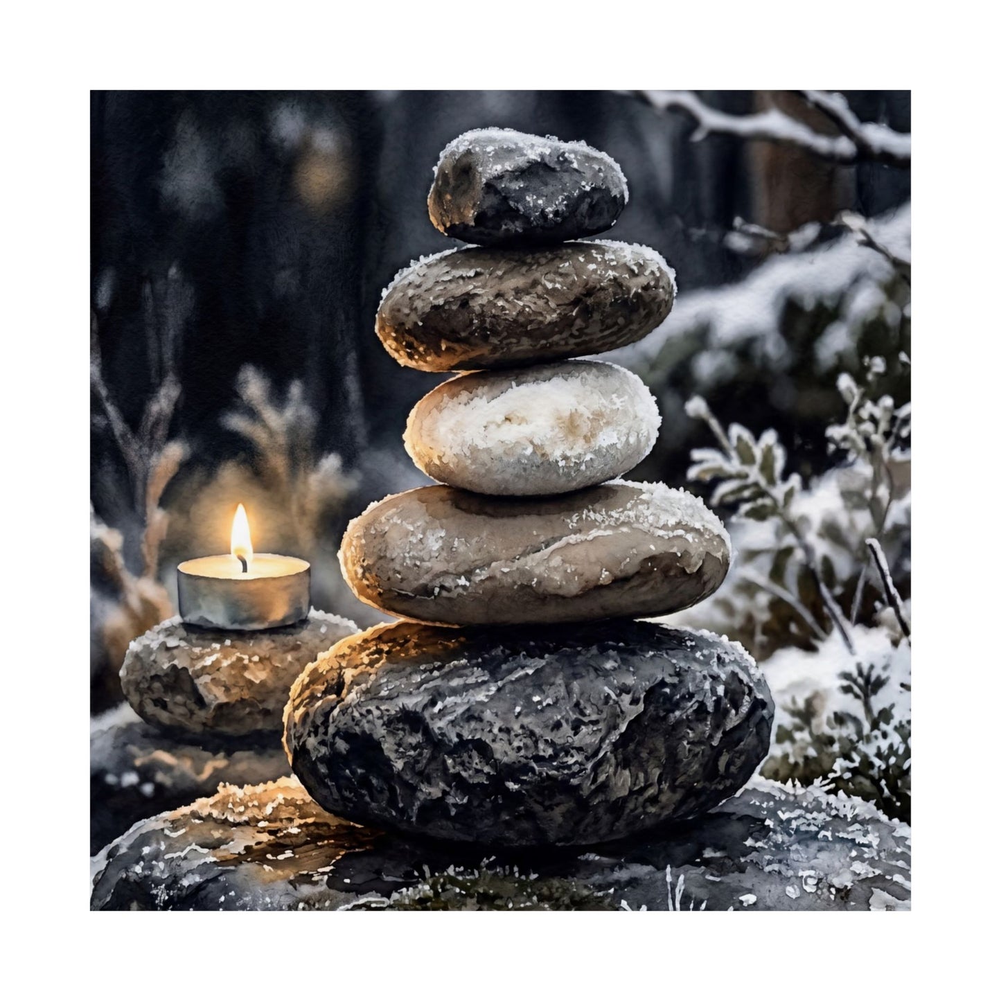 River Stones Wall Art Print | Winter Japandi Watercolor Art