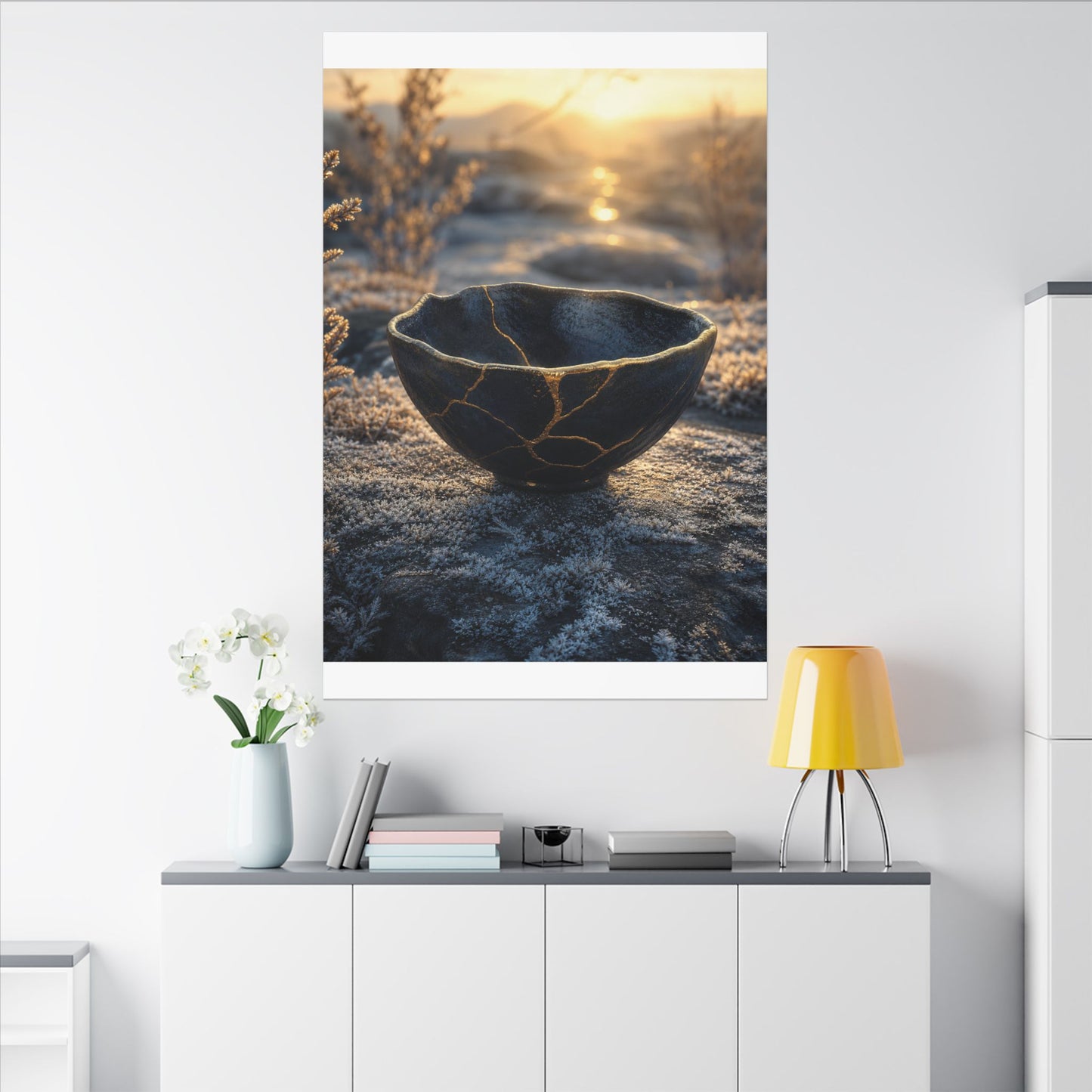 Ceramic Bowl Canvas Art | Winter Kintsugi Gold Repair Art