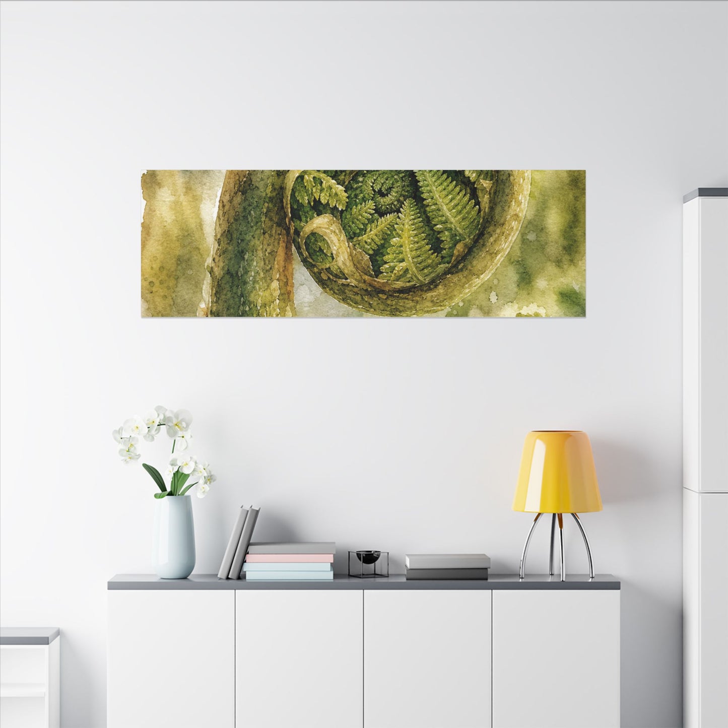 Japandi Fern Unfurling in Dappled | Watercolor Canvas Art