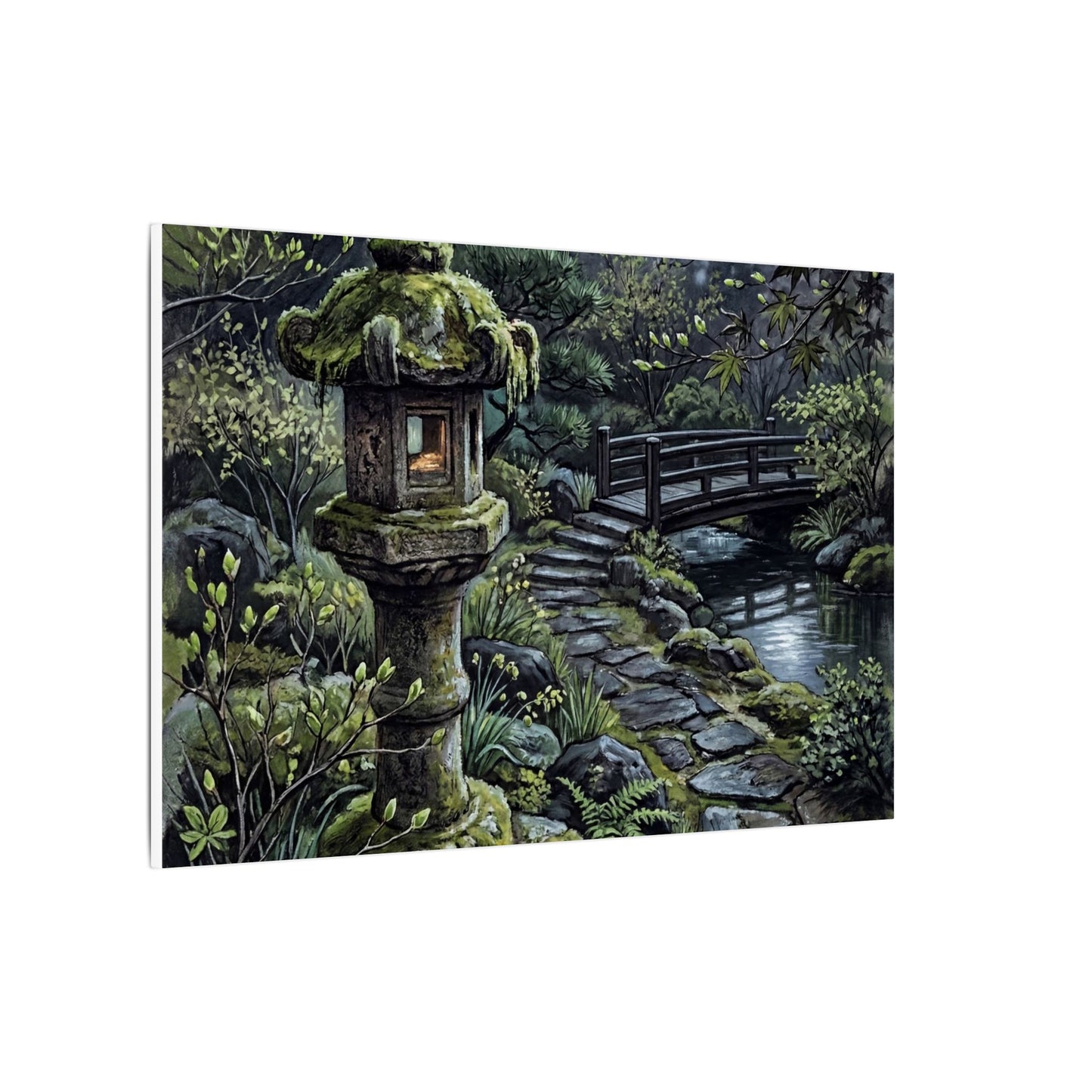 Japandi Stone Lantern in Moonlight | Texture Canvas Art