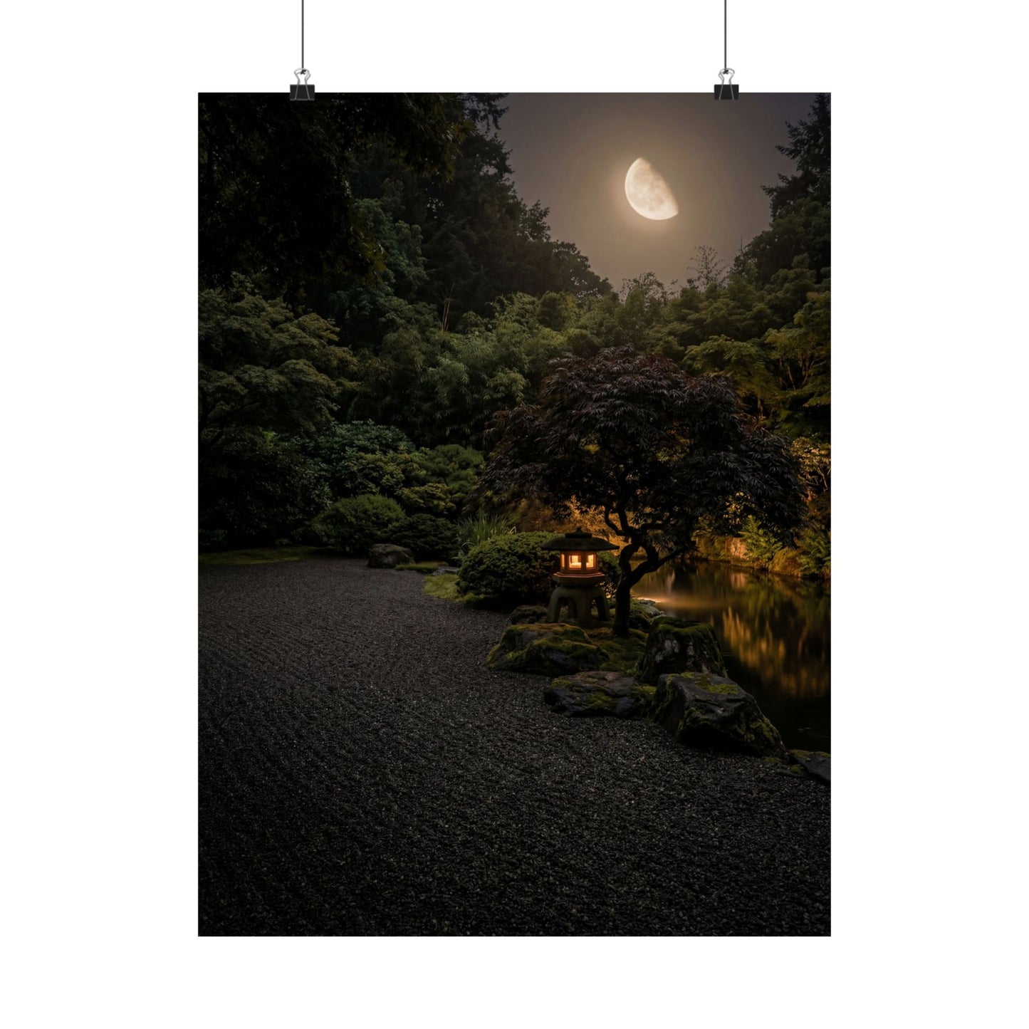 Dark Japandi Moonlit Garden in Golden Hour | Moody Minimal Wall Art Print Art Print