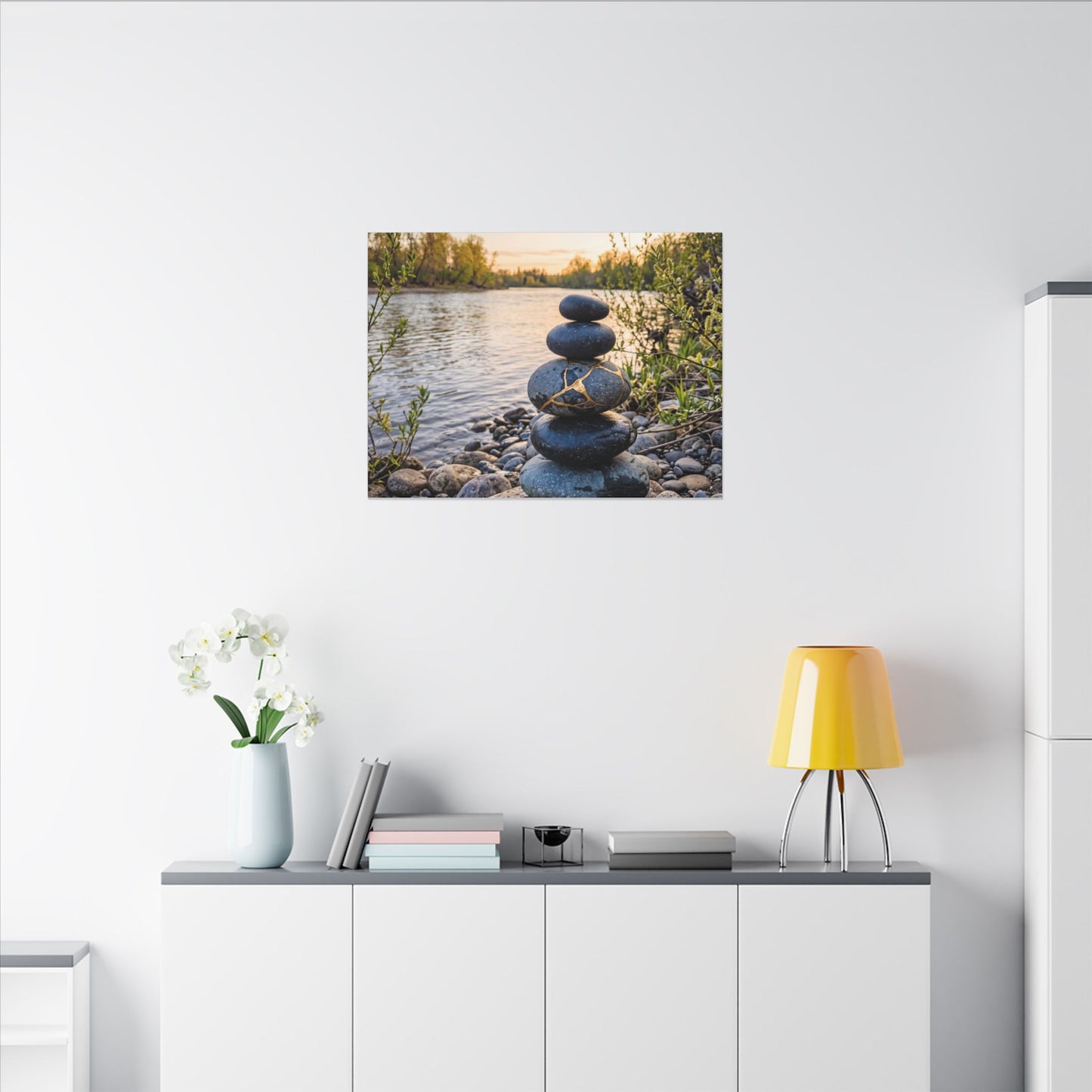 Kintsugi River Stones in Golden Hour | Gold Vein Canvas Art