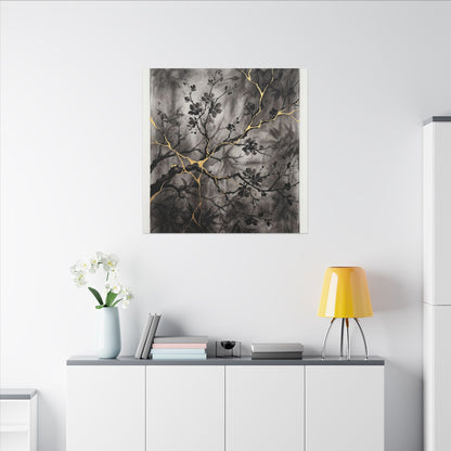 Kanso Cherry Blossom Canvas Art - Kintsugi Crackle Gold