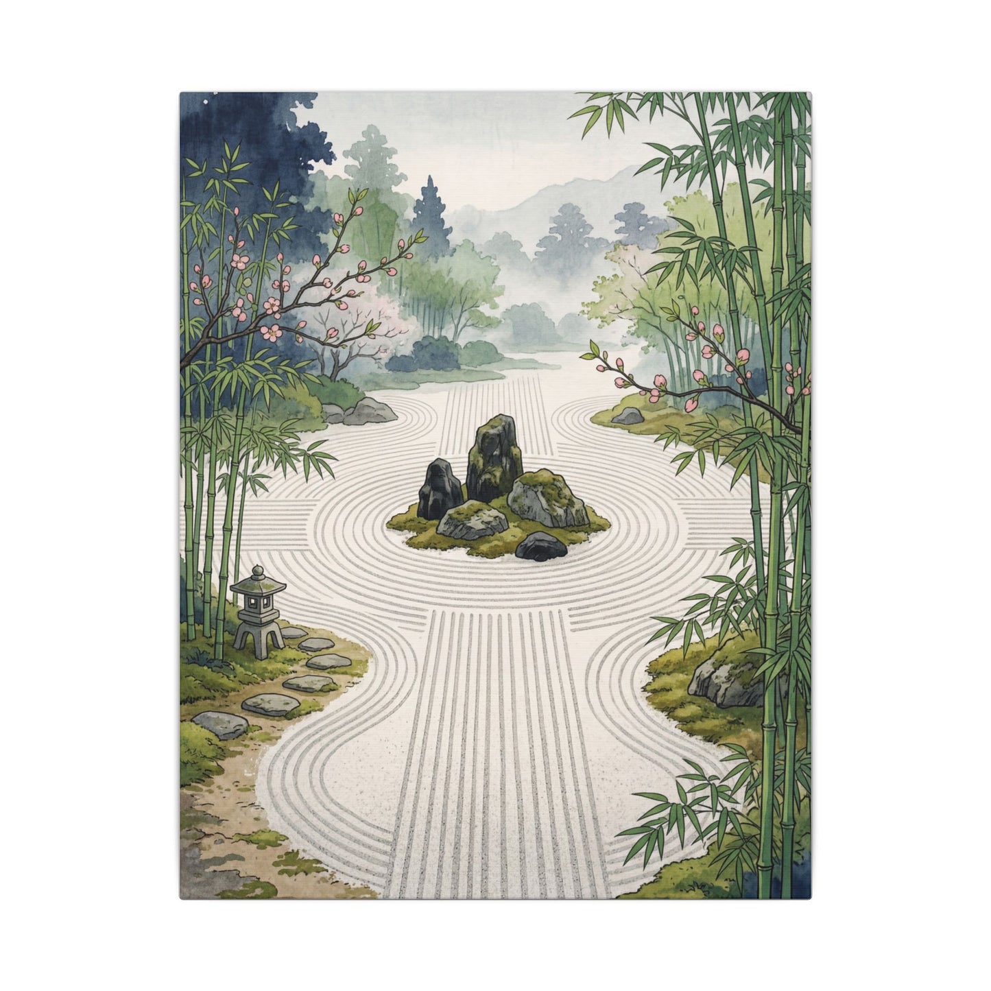 Rock Garden Ukiyo E Inspired Canvas Art | Contemplative Zen Art