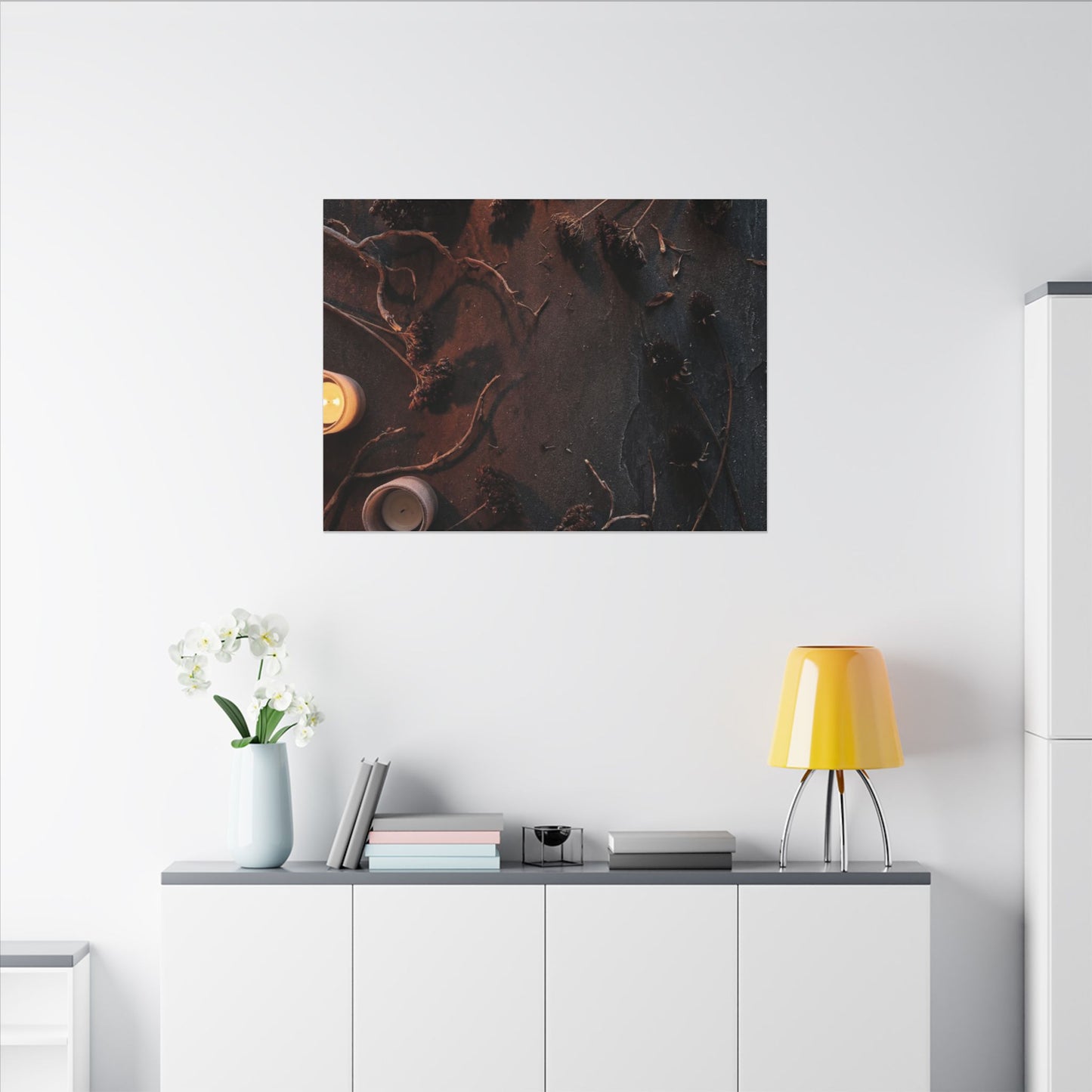 Dried Flowers Canvas Art | Winter Dark Japandi Moody Minimal Art