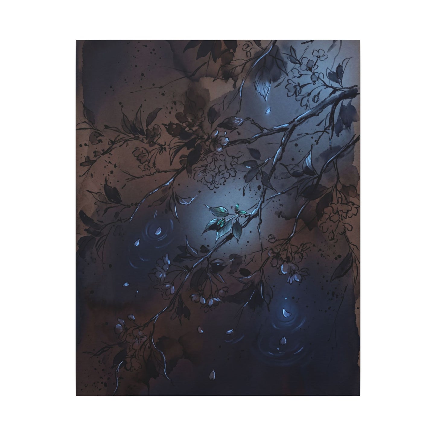 Bold Cherry Blossom Canvas Art - Charcoal Ink Dark Japandi