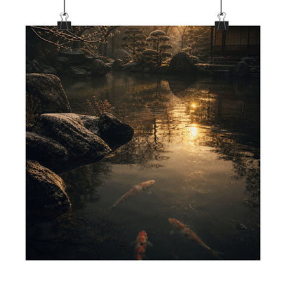 Dark Japandi Koi Pond in Golden Hour | Shadow Zen Wall Art Print