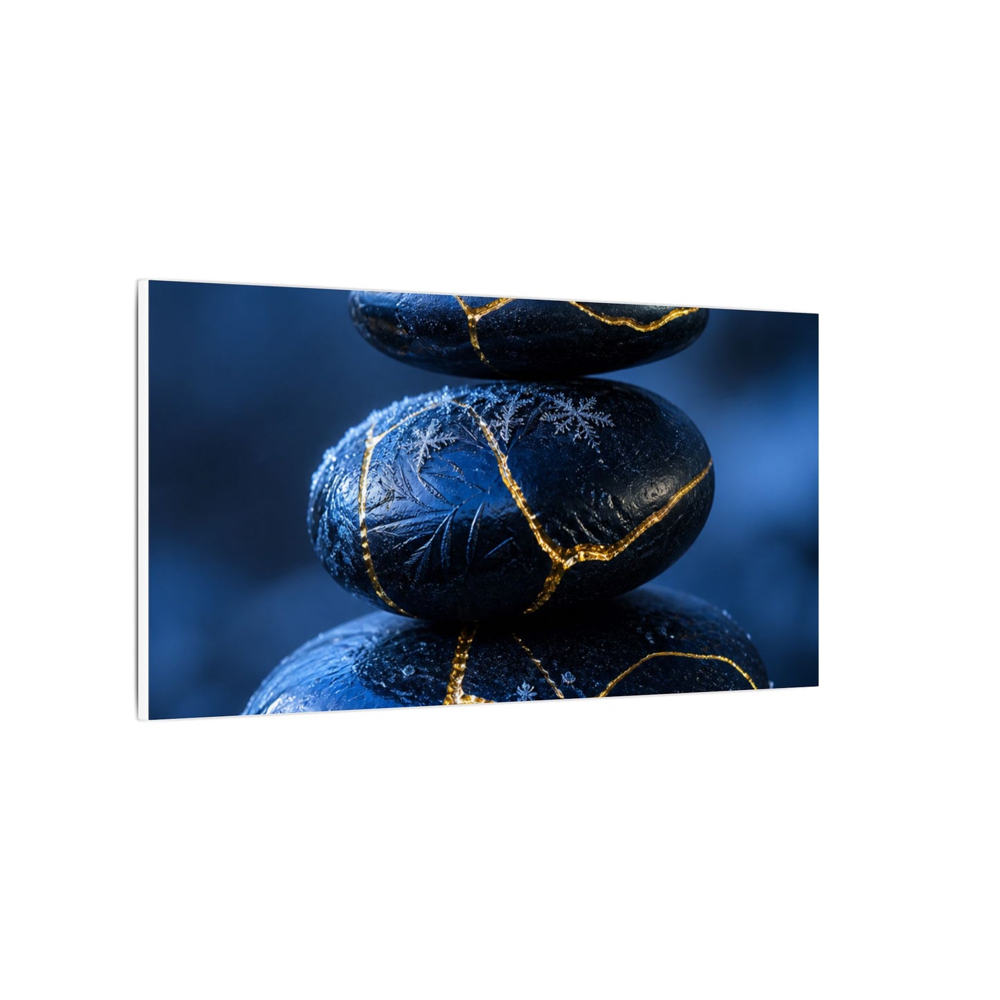 River Stones Canvas Art | Winter Kintsugi Gold Repair Art