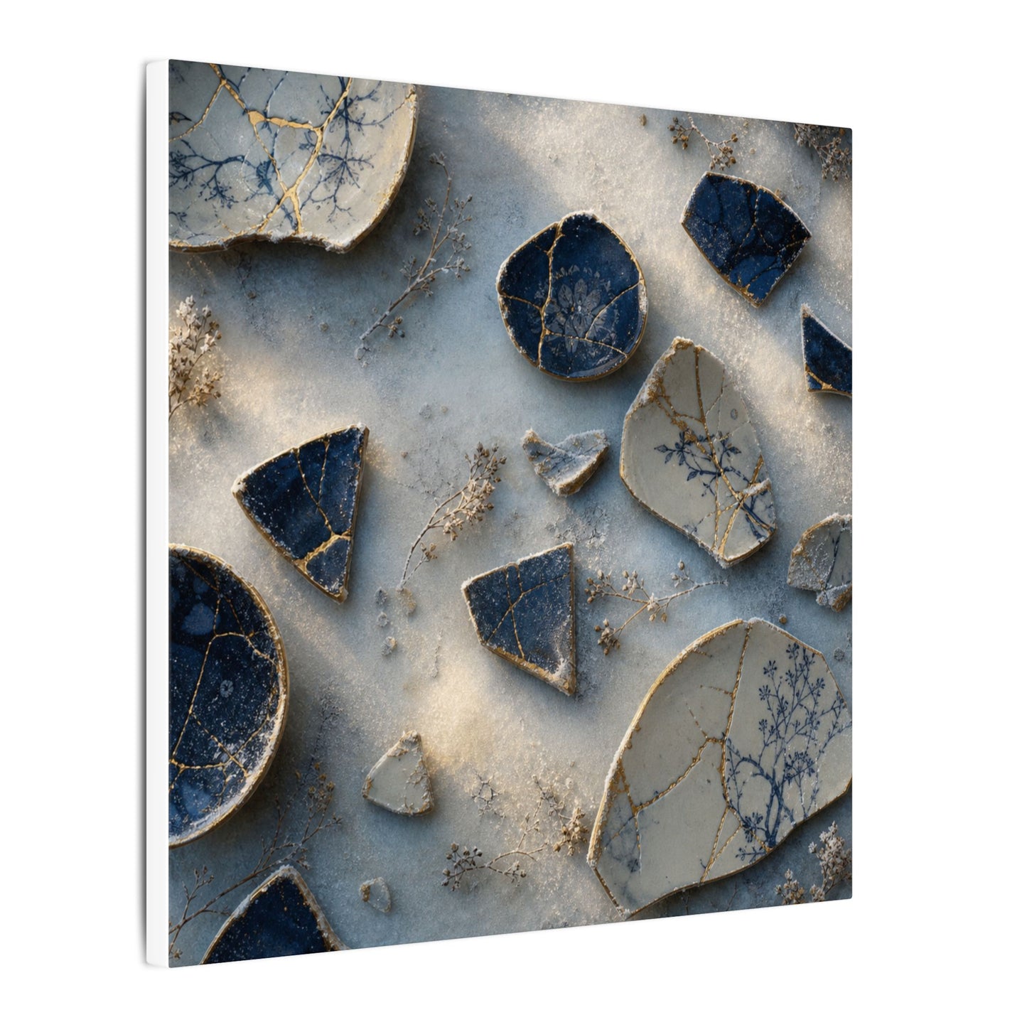 Broken Pottery Canvas Art | Winter Kintsugi Gold Vein Art