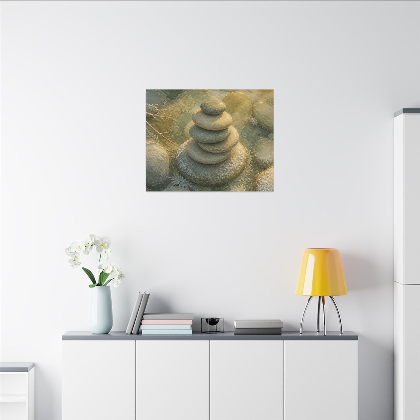 River Stones Watercolor Canvas Art | Elegant Japandi Art