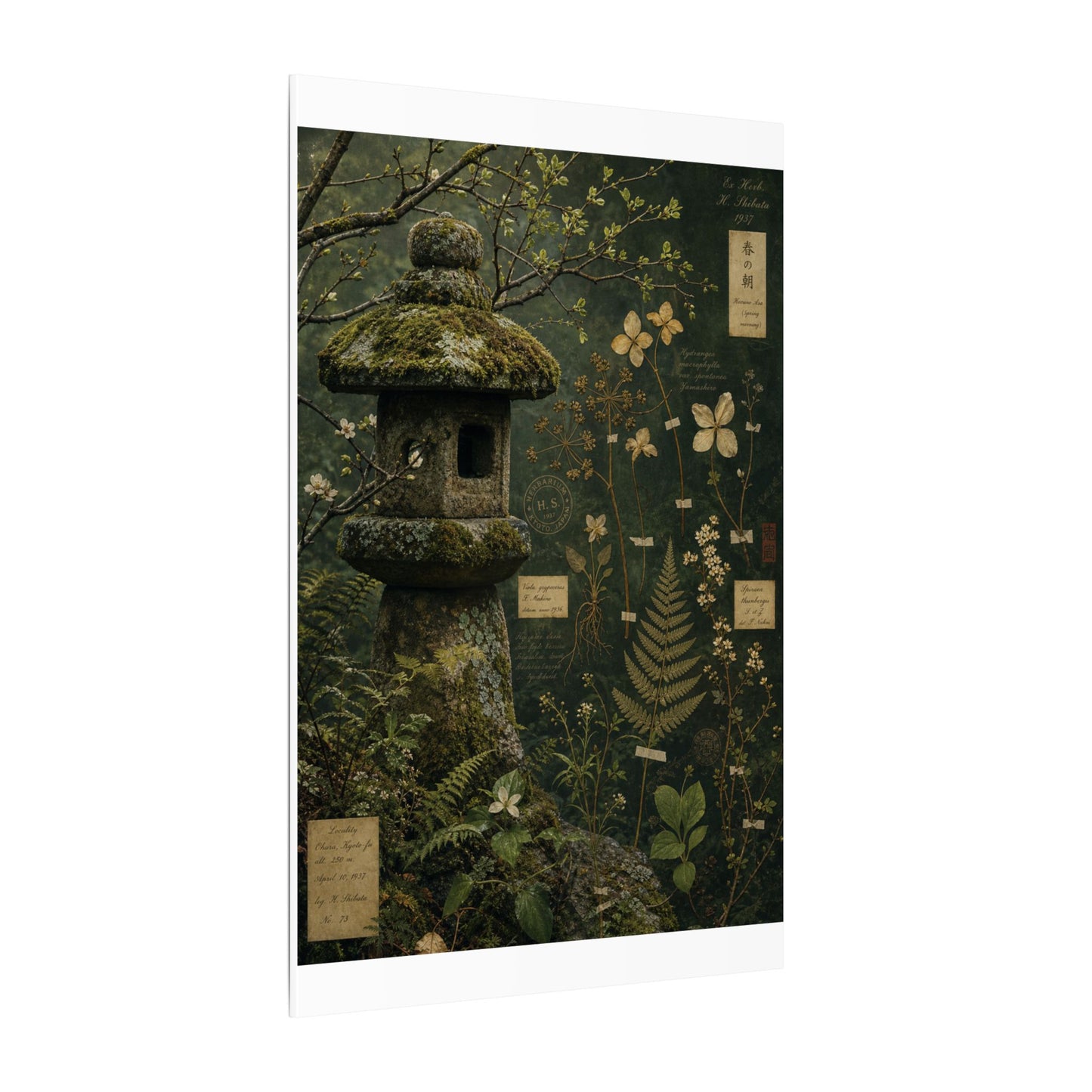 Spring Stone Lantern Herbarium Canvas Art | Nostalgic Decor