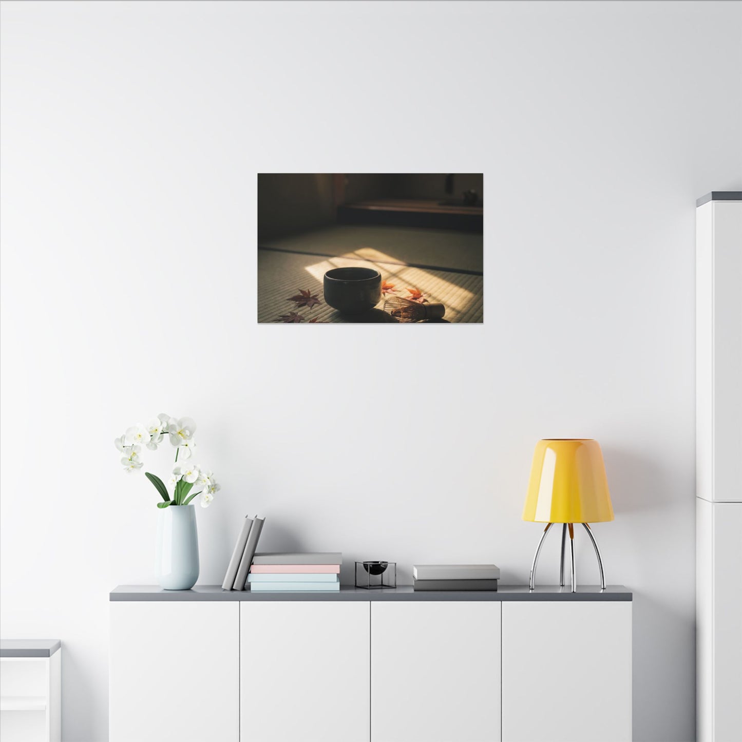 Dark Japandi Tea Ceremony in Golden Hour | Moody Minimal Canvas Art