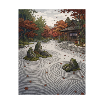 Rock Garden Wall Art Print | Autumn Zen Ukiyo E Inspired Art