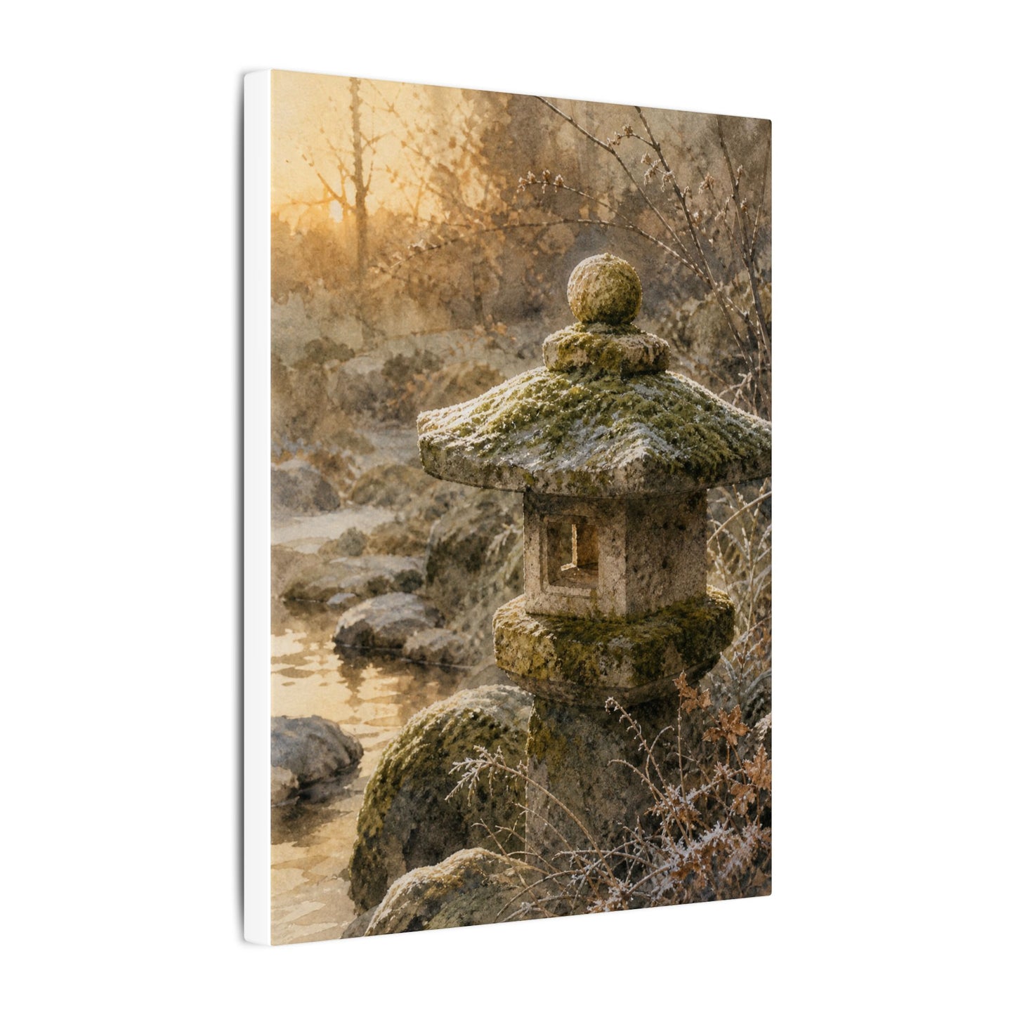 Winter Stone Lantern Watercolor Canvas Art | Earthy Decor