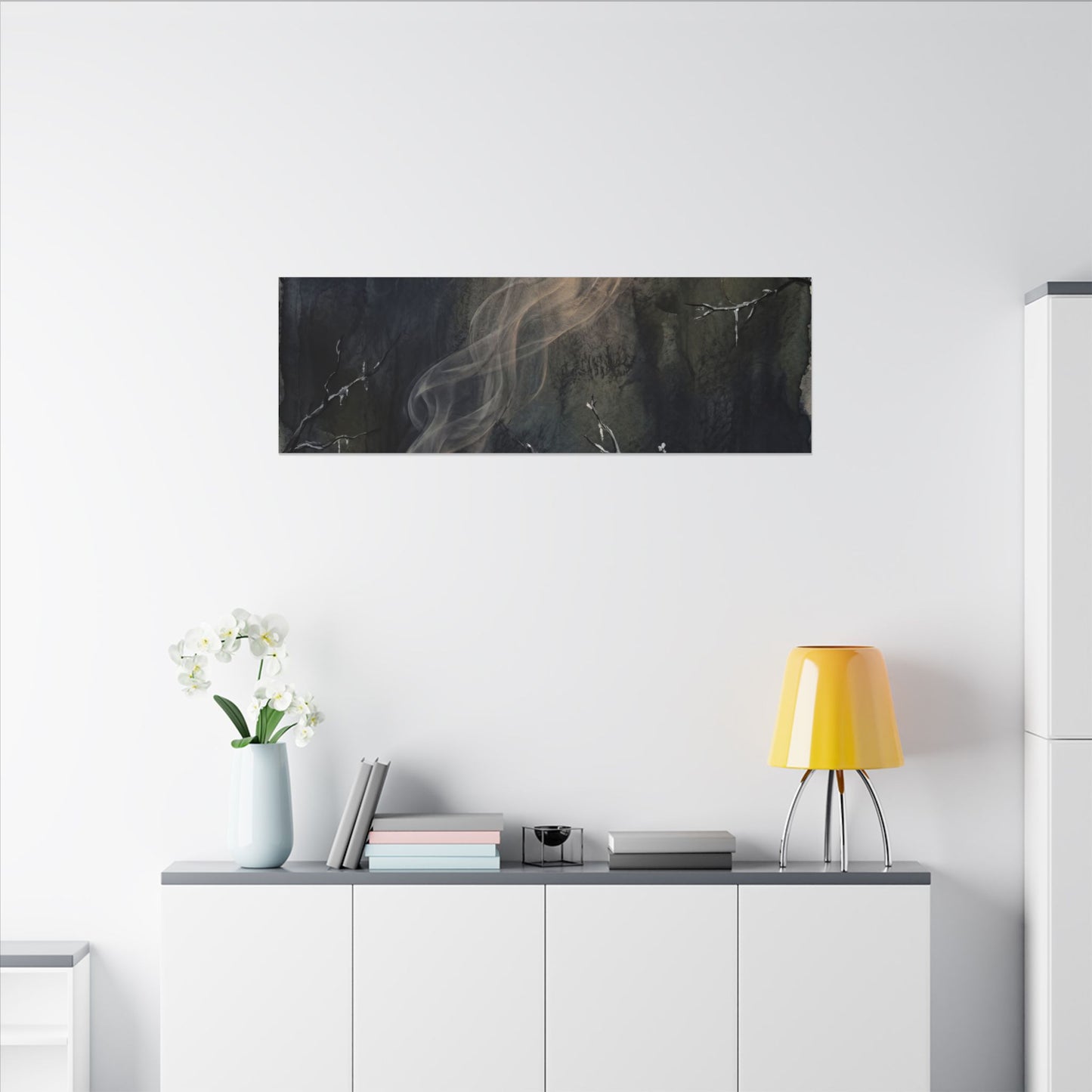 Incense Smoke Winter Canvas Art | Dark Japandi Moody Design