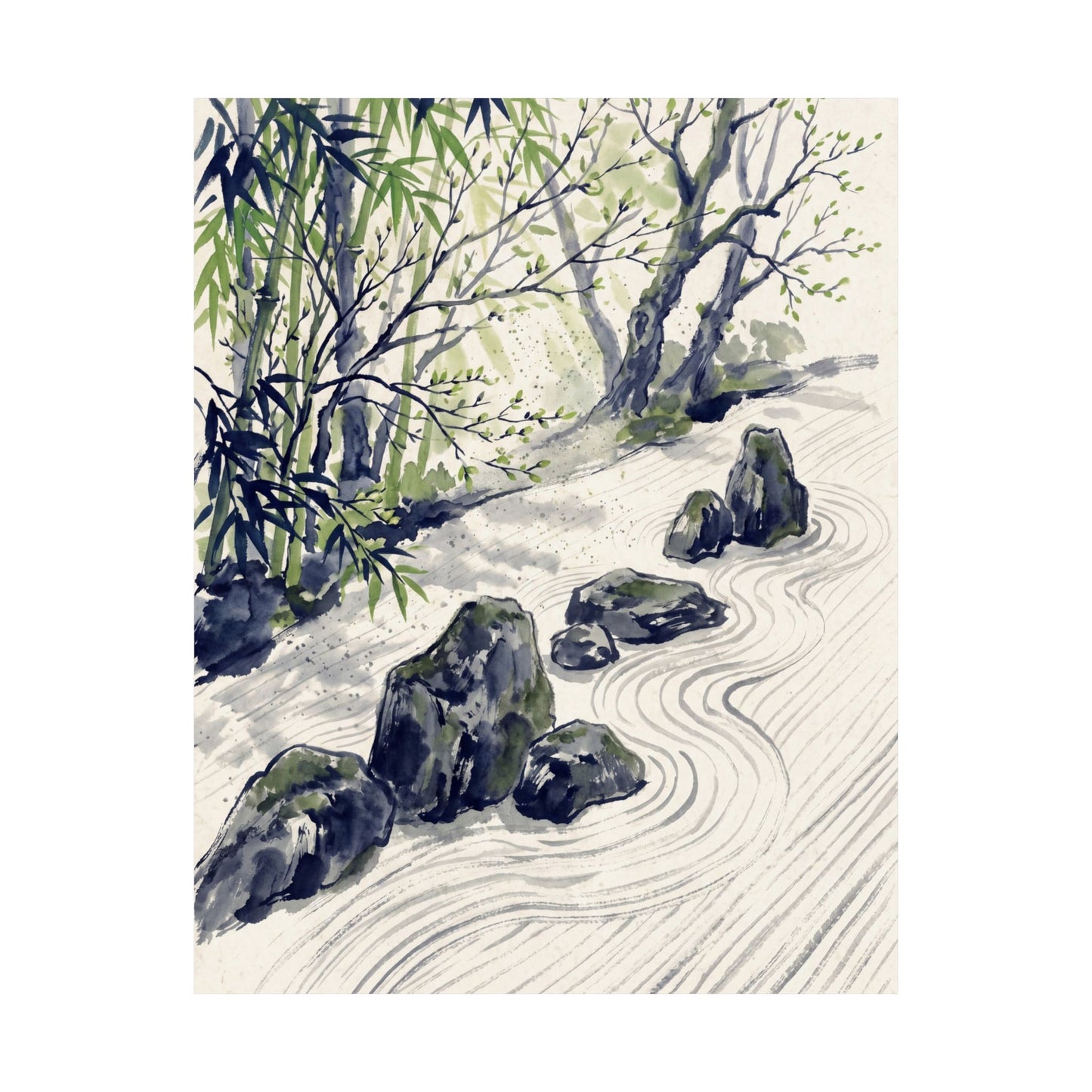 Zen Rock Garden in Dappled | Sumi E Wall Art Print