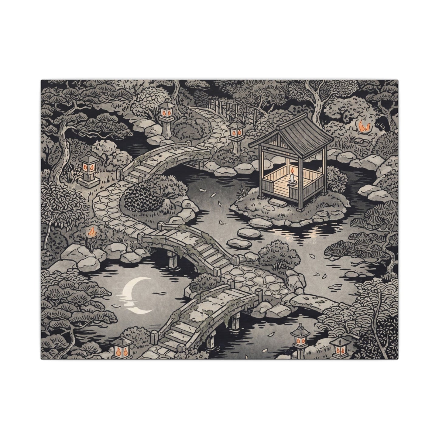 Moonlit Garden Ukiyo E Inspired Canvas Art | Serene Zen Art Art Print
