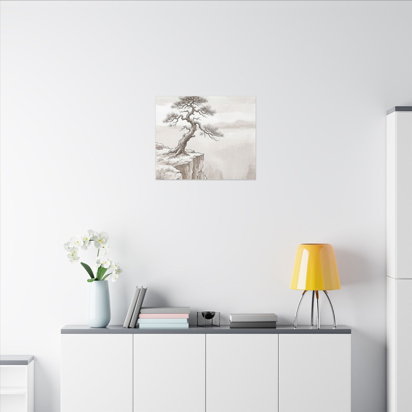 Neutral Pine Tree Canvas Art - Minimal Line Japandi