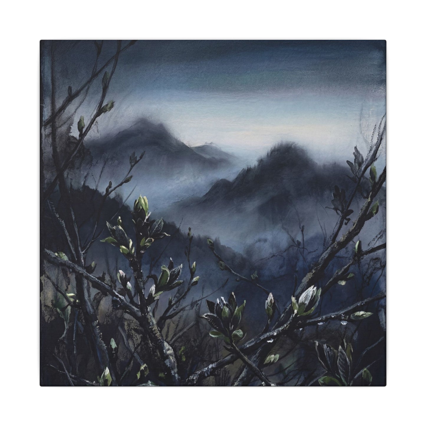Mountain Mist Spring Canvas Art | Dark Japandi Atmospheric Design