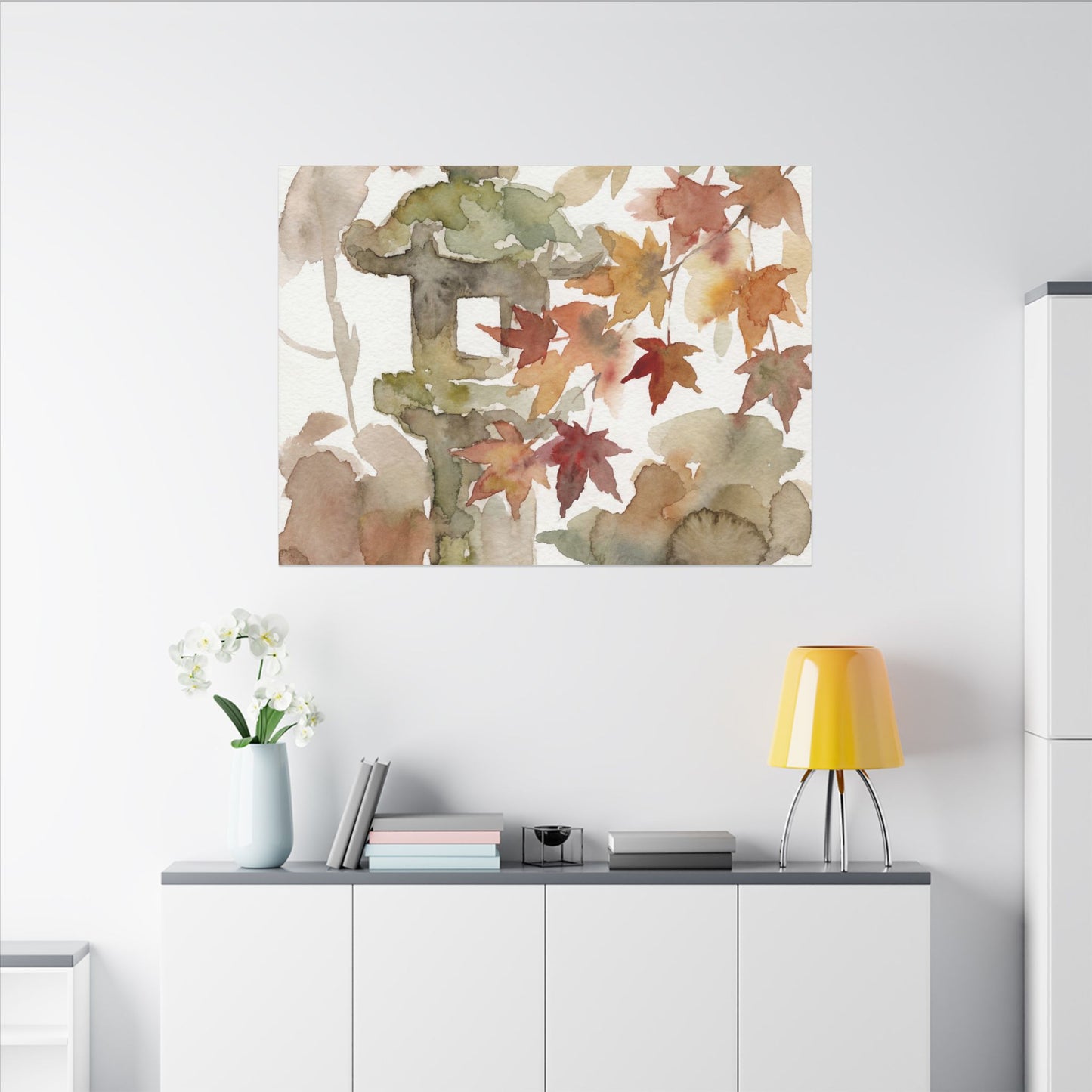 Stone Lantern Watercolor Canvas Art | Earthy Japandi Art