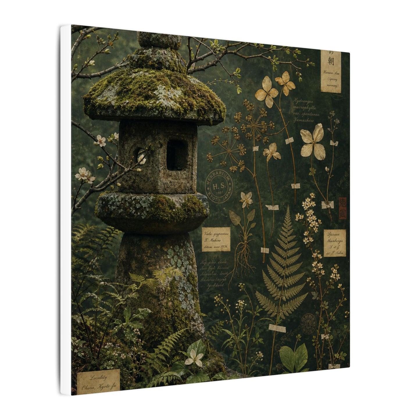 Spring Stone Lantern Herbarium Canvas Art | Nostalgic Decor
