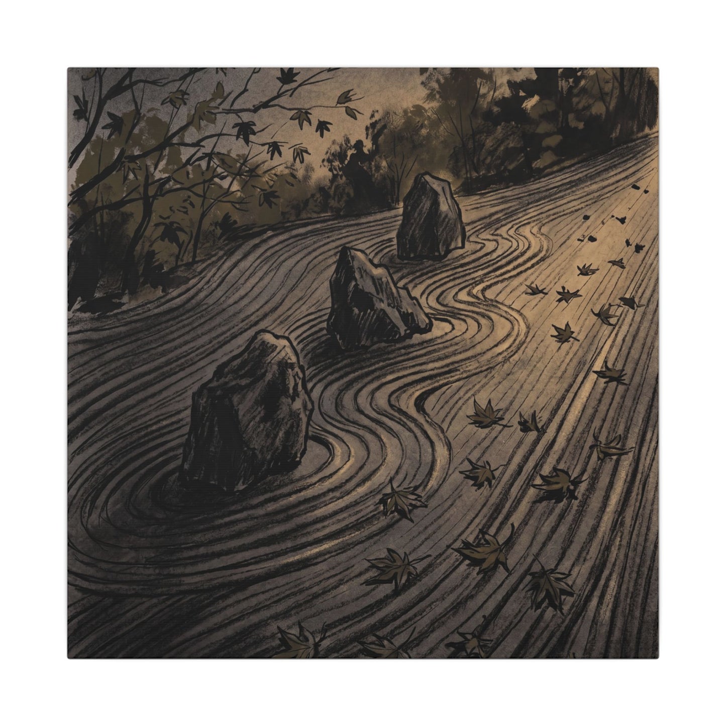 Rock Garden Canvas Art | Autumn Dark Japandi Charcoal Ink Art