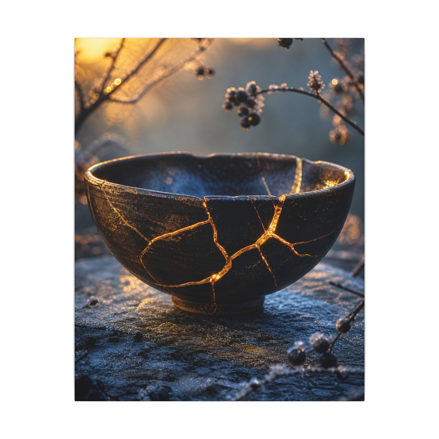 Ceramic Bowl Canvas Art | Winter Kintsugi Gold Repair Art