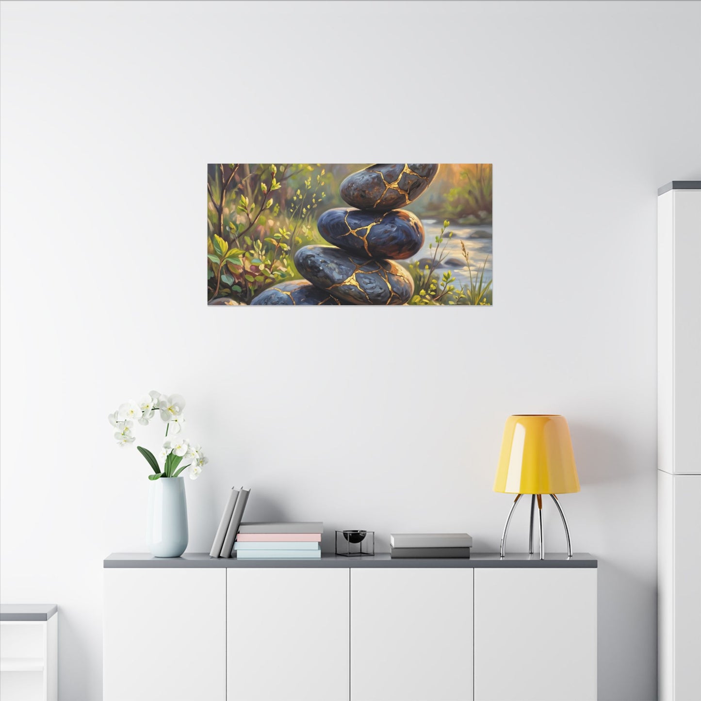 Spring River Stones Gold Repair Canvas Art | Healing Decor