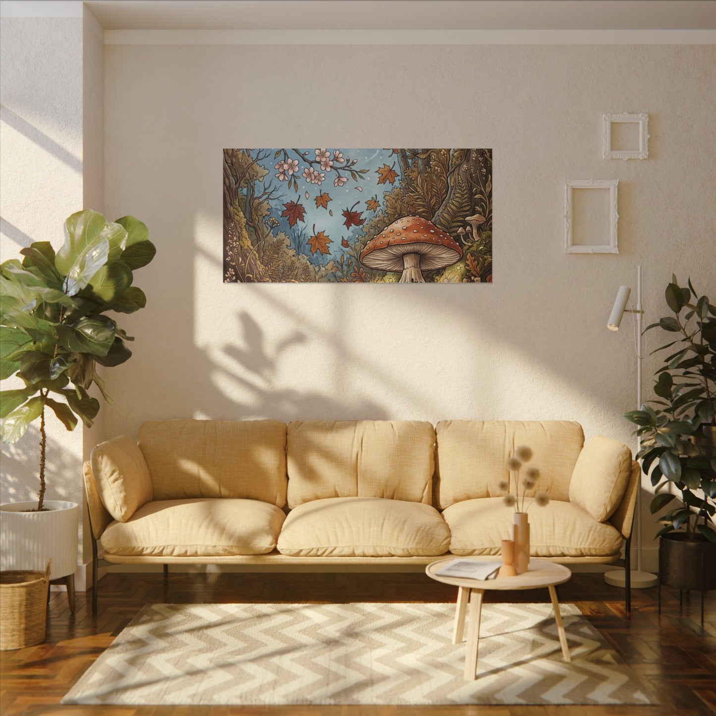Autumn Cherry Blossom Mushroom Illustration Canvas Art | Enchanting Decor