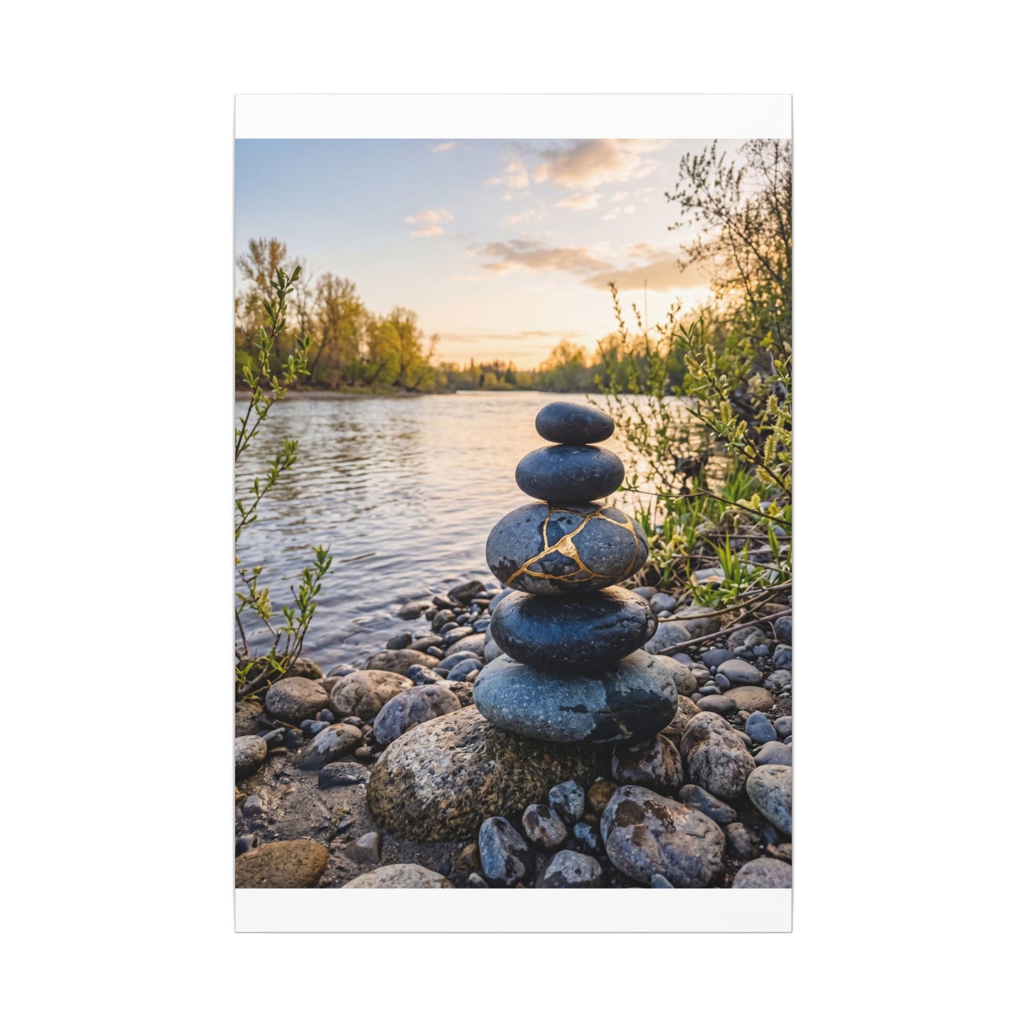 Kintsugi River Stones in Golden Hour | Gold Vein Canvas Art