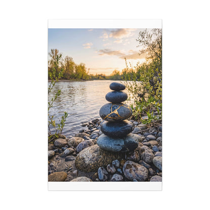 Kintsugi River Stones in Golden Hour | Gold Vein Canvas Art