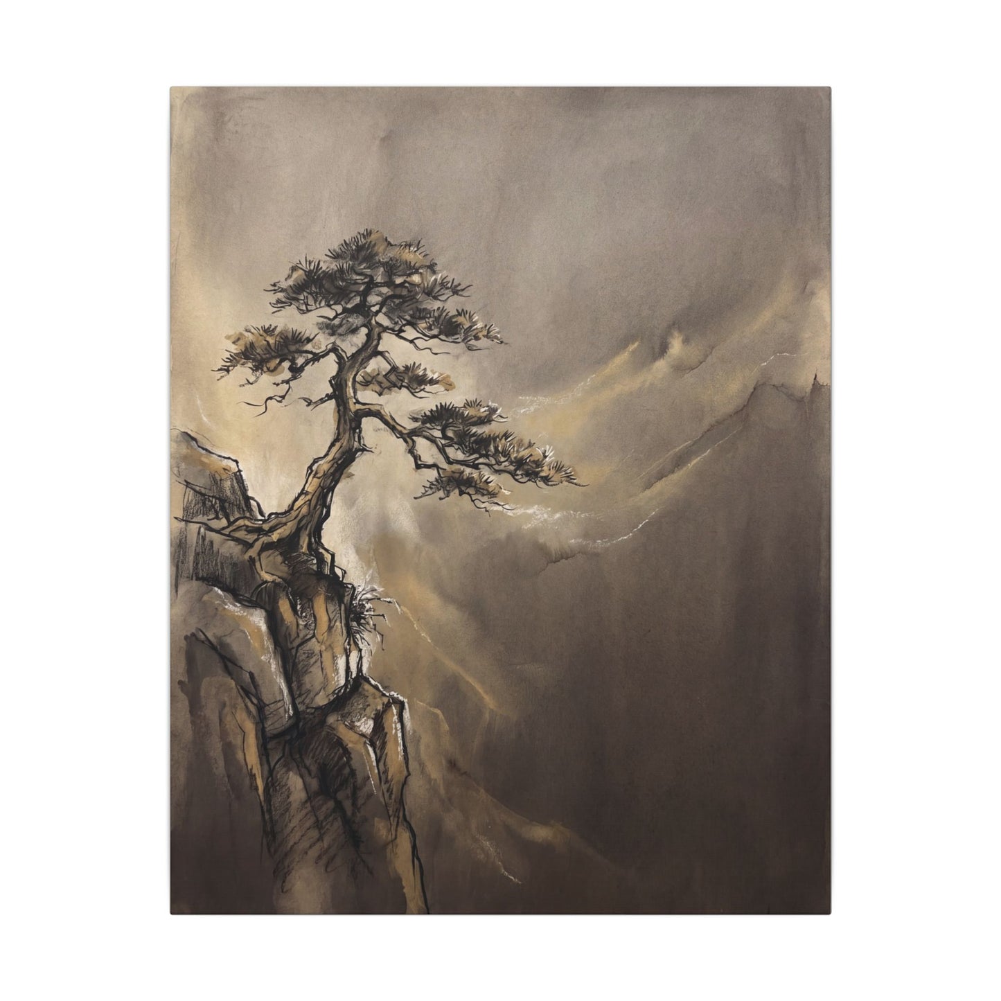 Pine Tree Charcoal Ink Canvas Art | Luxurious Dark Japandi Art